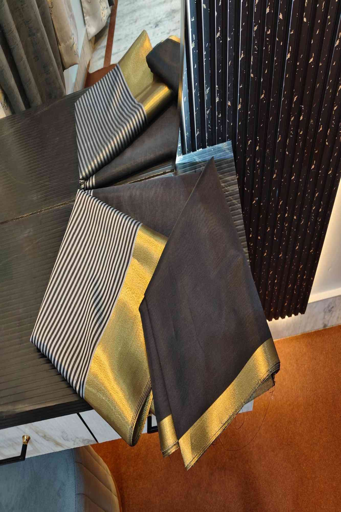 Raveena Tandon inspired semi katan silk Black & White Striped with Gold Zari Border Ready To Wear Saree