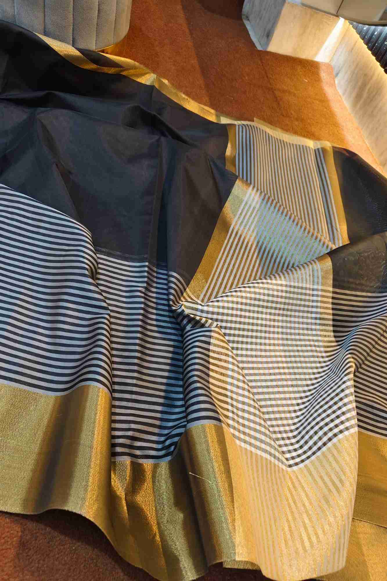 Raveena Tandon inspired semi katan silk Black & White Striped with Gold Zari Border Ready To Wear Saree