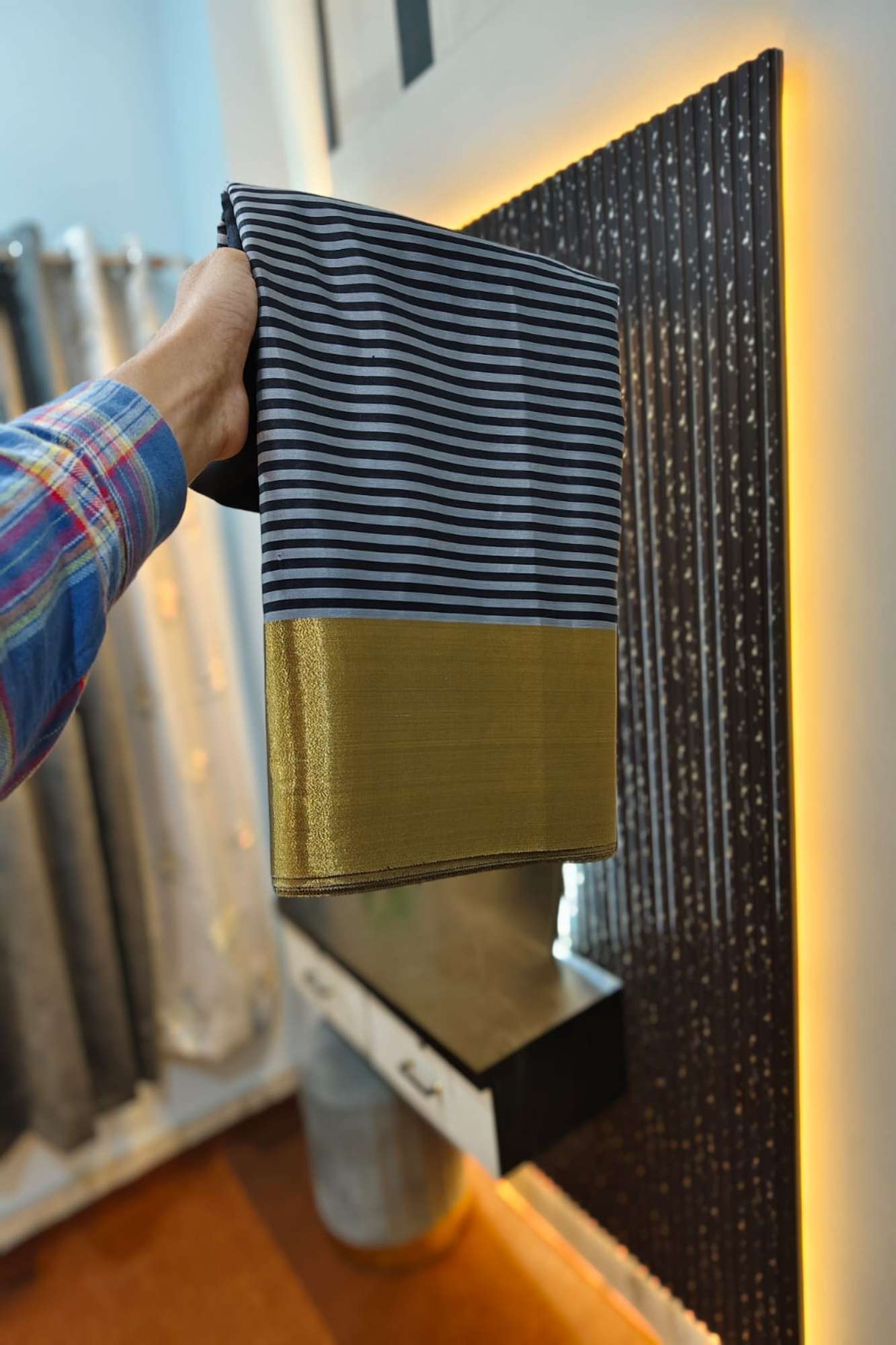 Raveena Tandon inspired semi katan silk Black & White Striped with Gold Zari Border Ready To Wear Saree