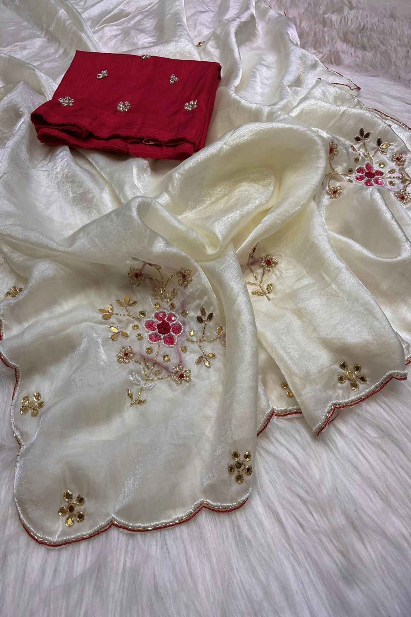 Off White Satin Silk with Handwork Butta and Sequined Seclab Border Ready To Wear Saree