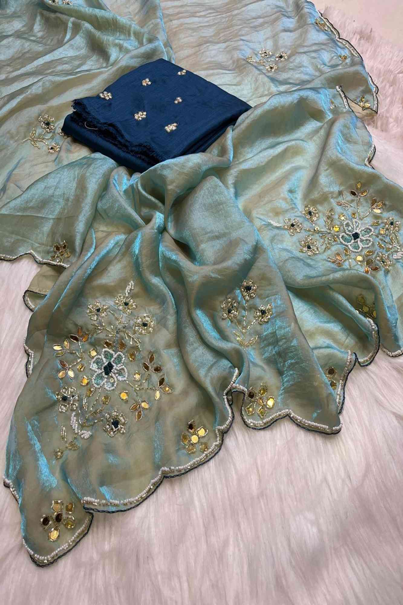 Satin silk with Handwork Butta and Sequined Scalloped Border Ready To Wear Saree