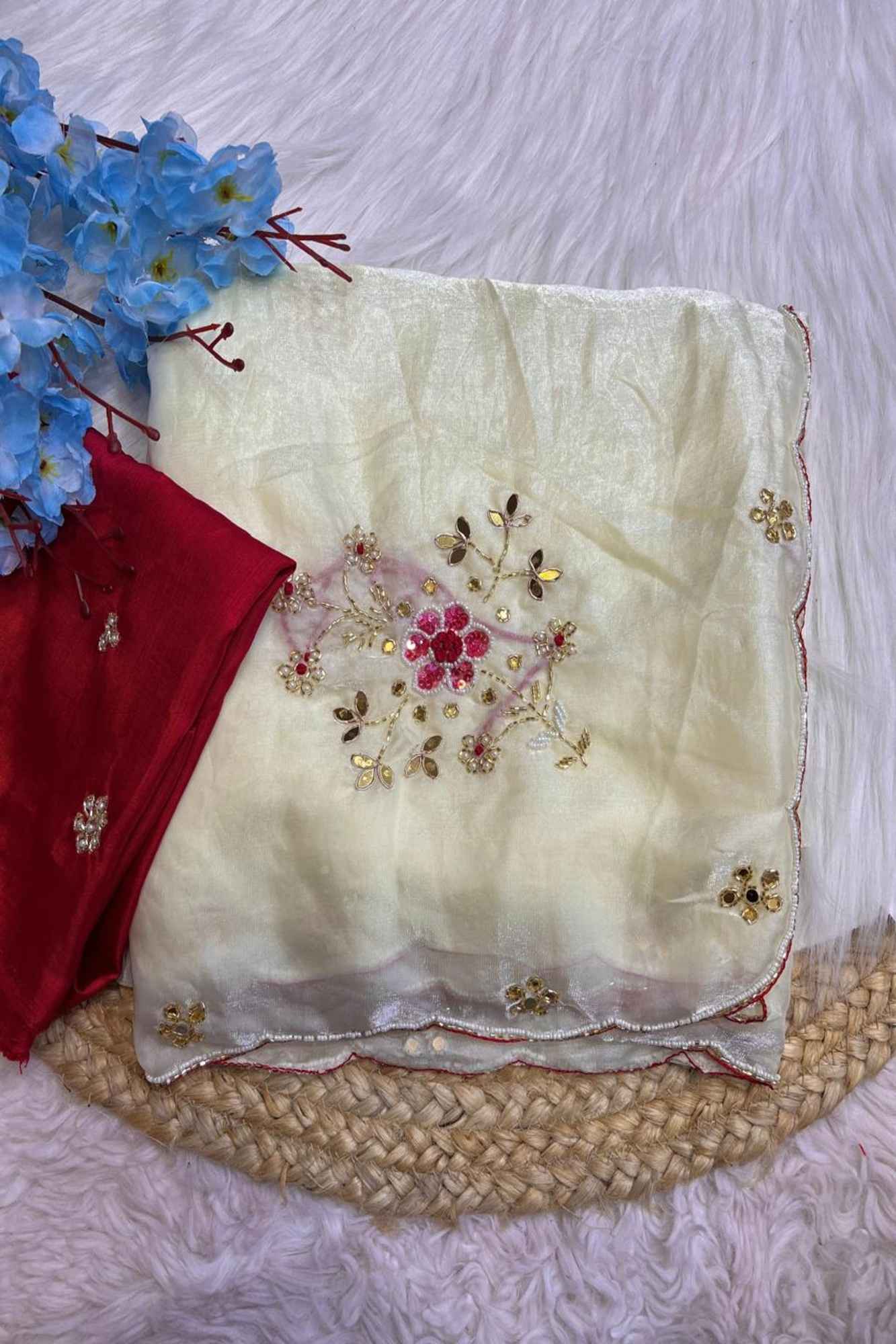 Off White Satin Silk with Handwork Butta and Sequined Seclab Border Ready To Wear Saree