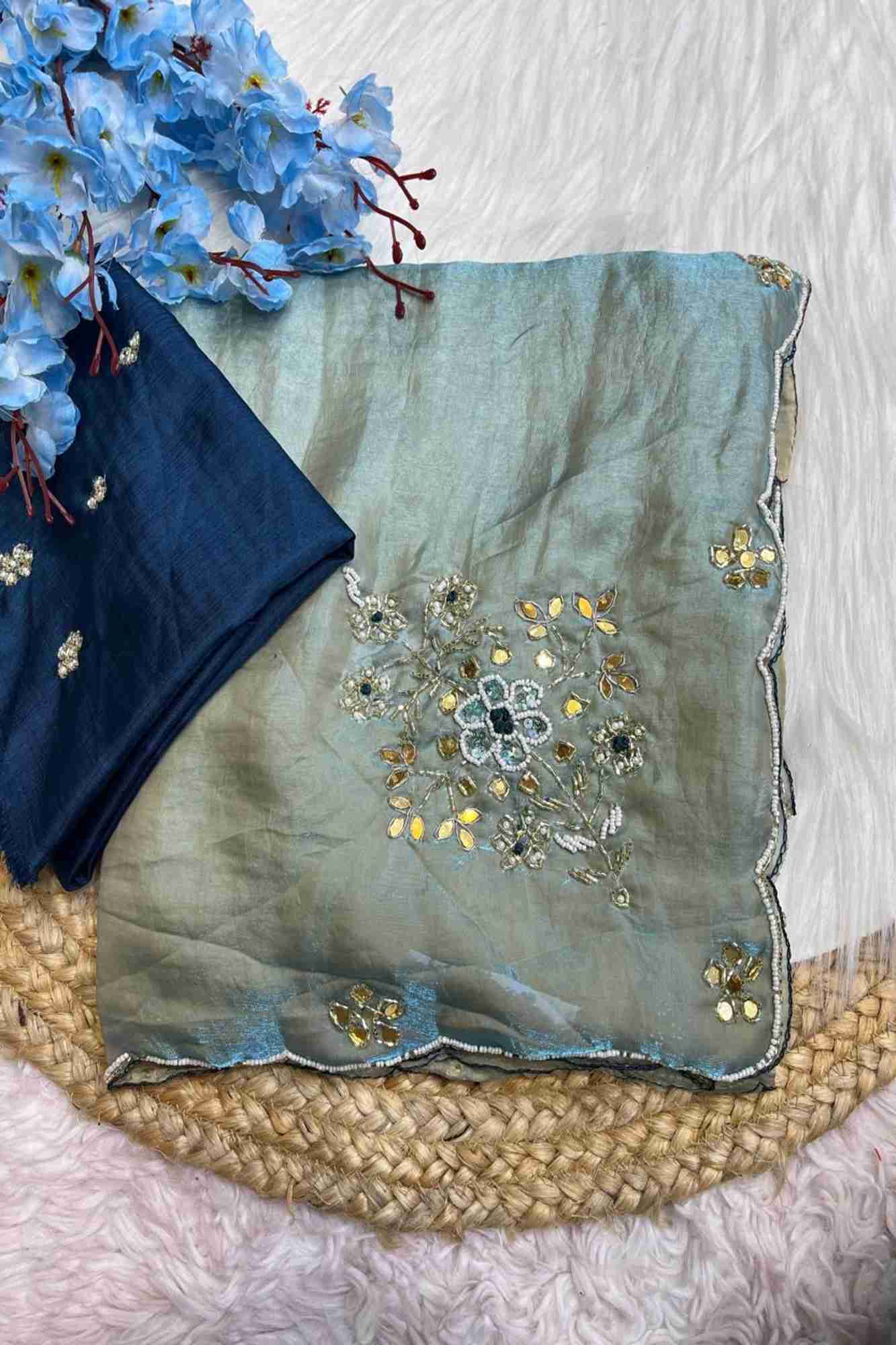 Satin silk with Handwork Butta and Sequined Scalloped Border Ready To Wear Saree