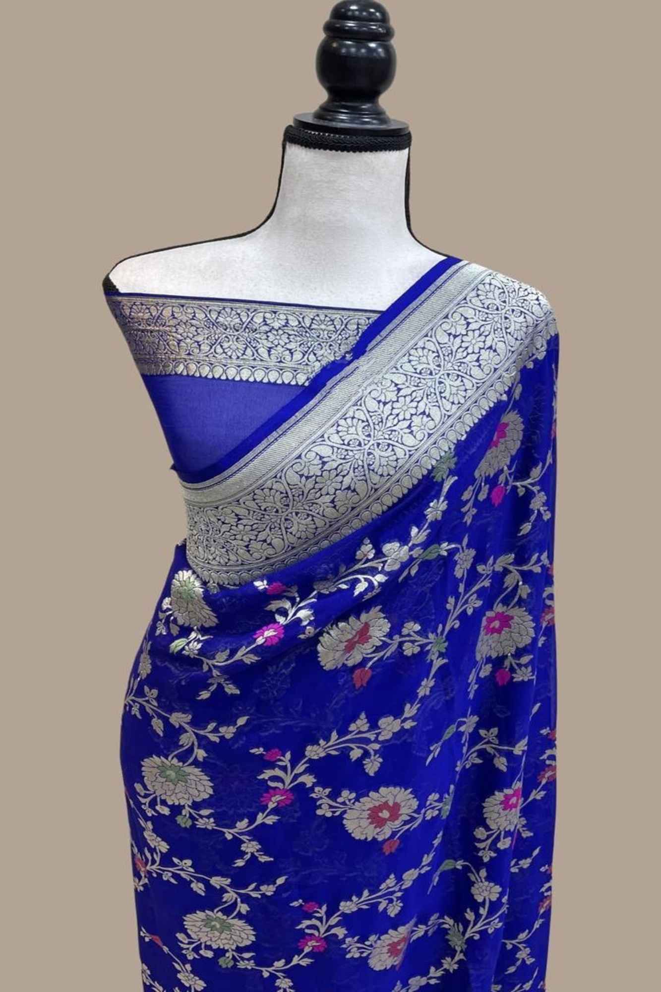 Royal Blue Jaal Embroidery Georgette silk with mina work ready to wear saree
