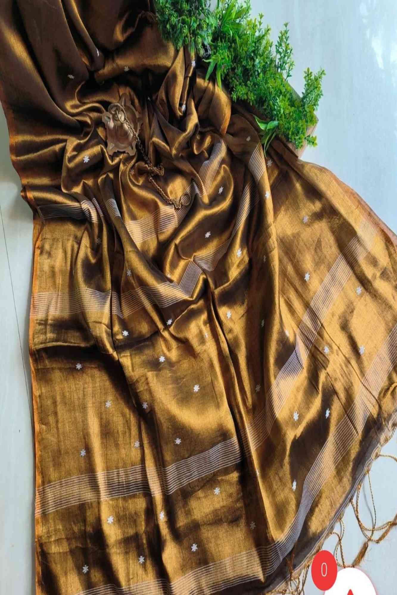 Zari Linen With White Floral Dots Embroidered Ready To Wear Saree