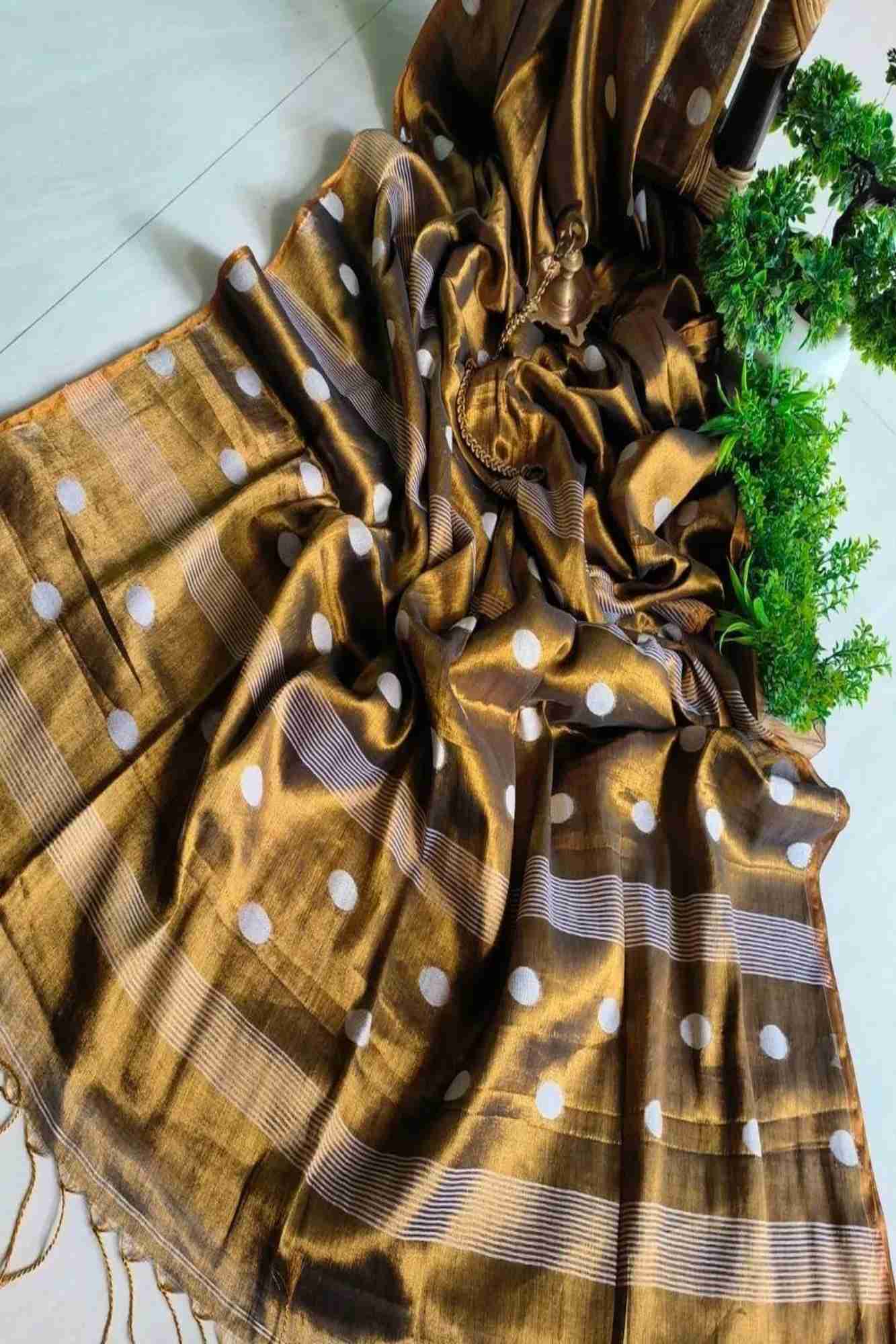 Zari Linen With Polka Dots Embroidered Ready To Wear Saree