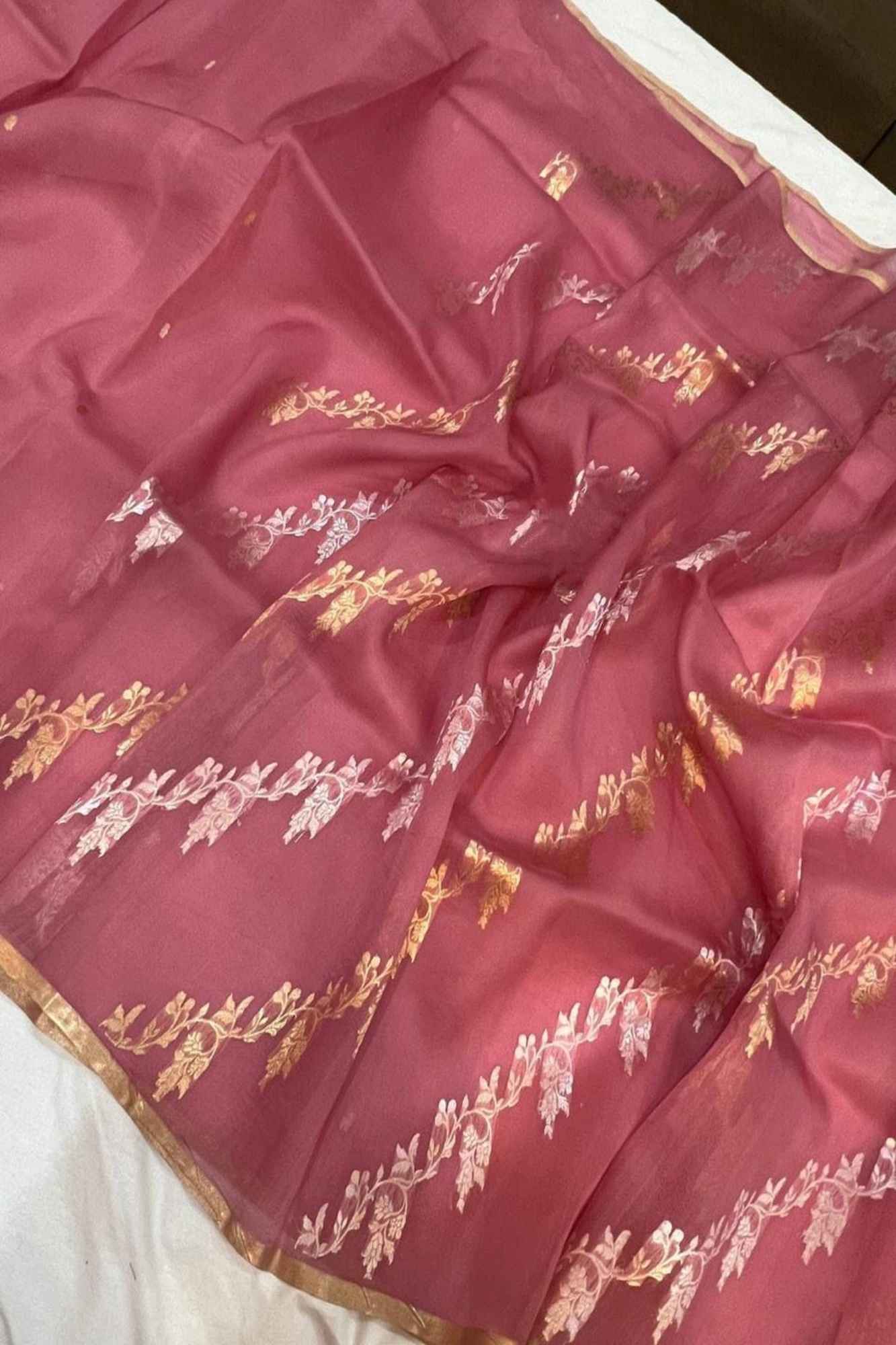 Party Wear Kore Alfi Silk with zari strip Design Ready To Wear Saree