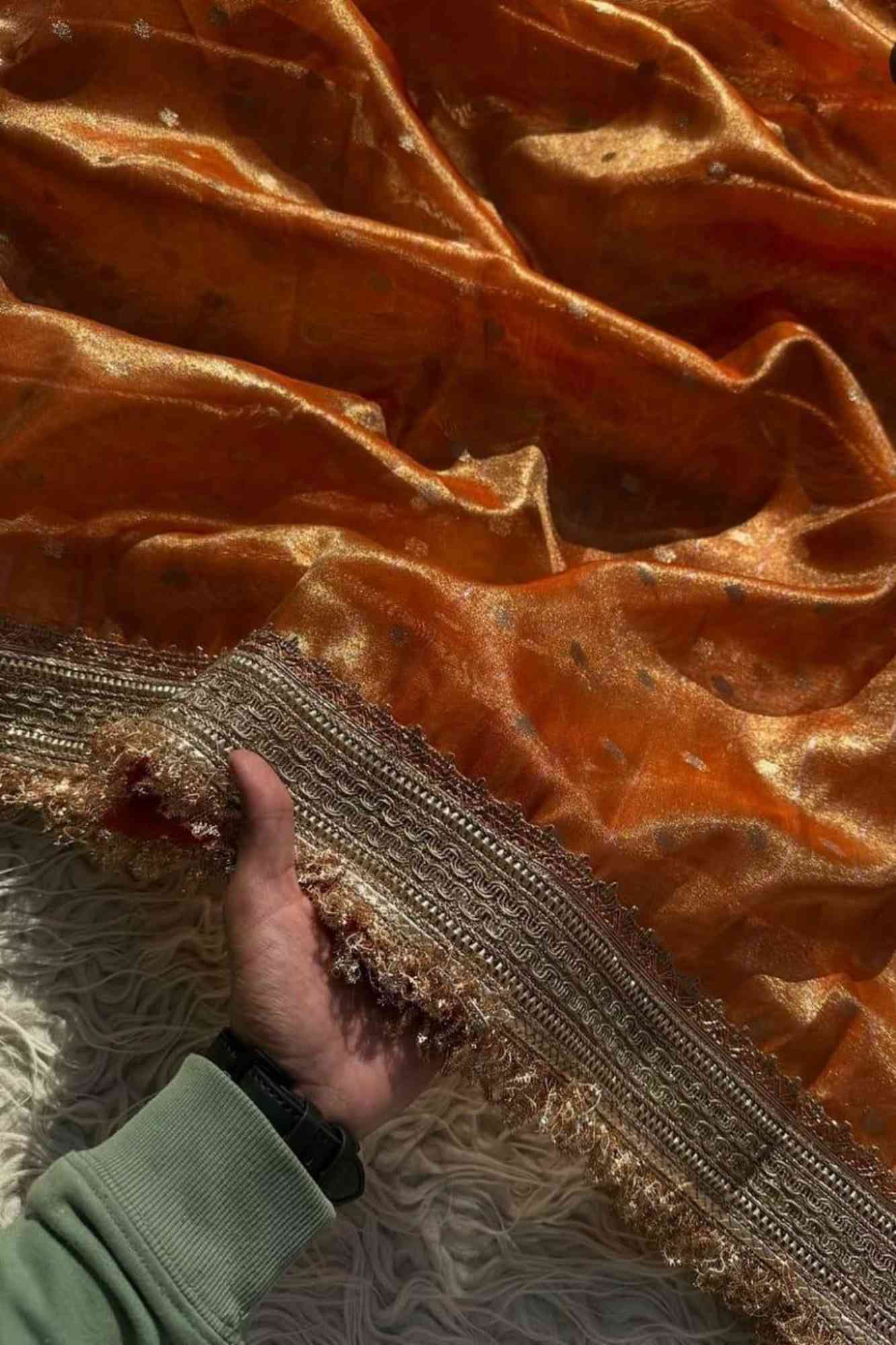 Dhup Chav Tissue Silk Banarasi-Inspired with Zari & Broad Lace Border Ready To Wear Saree