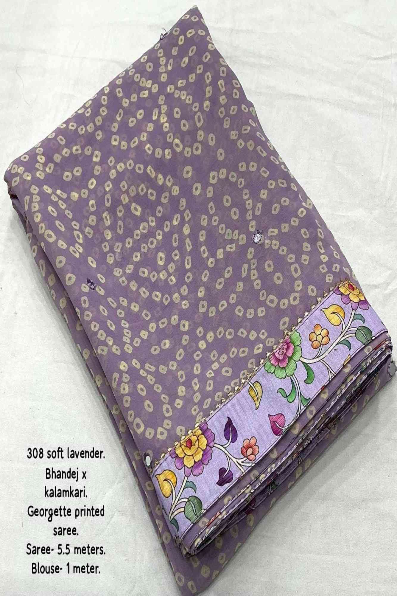 Georgette with Bandhej Prints & Kalamkari Patched Border Ready To Wear Saree