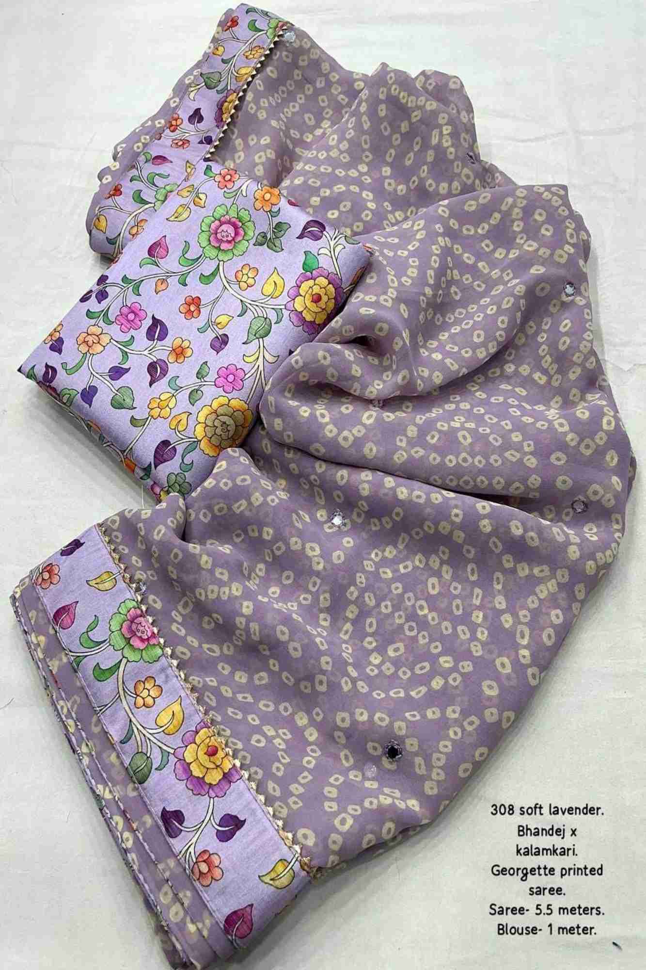 Georgette with Bandhej Prints & Kalamkari Patched Border Ready To Wear Saree