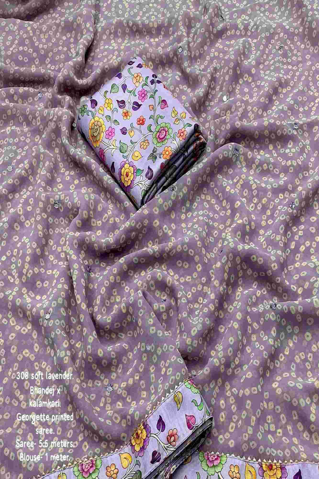 Georgette with Bandhej Prints & Kalamkari Patched Border Ready To Wear Saree