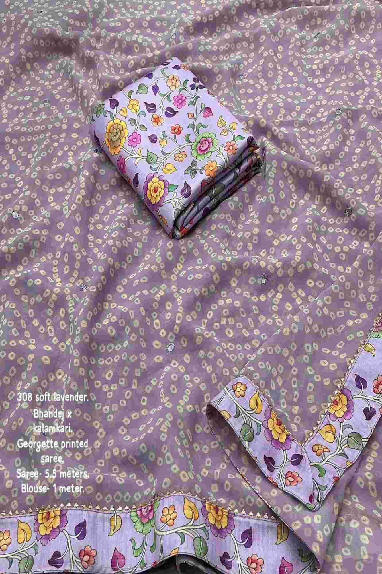 Georgette with Bandhej Prints & Kalamkari Patched Border Ready To Wear Saree