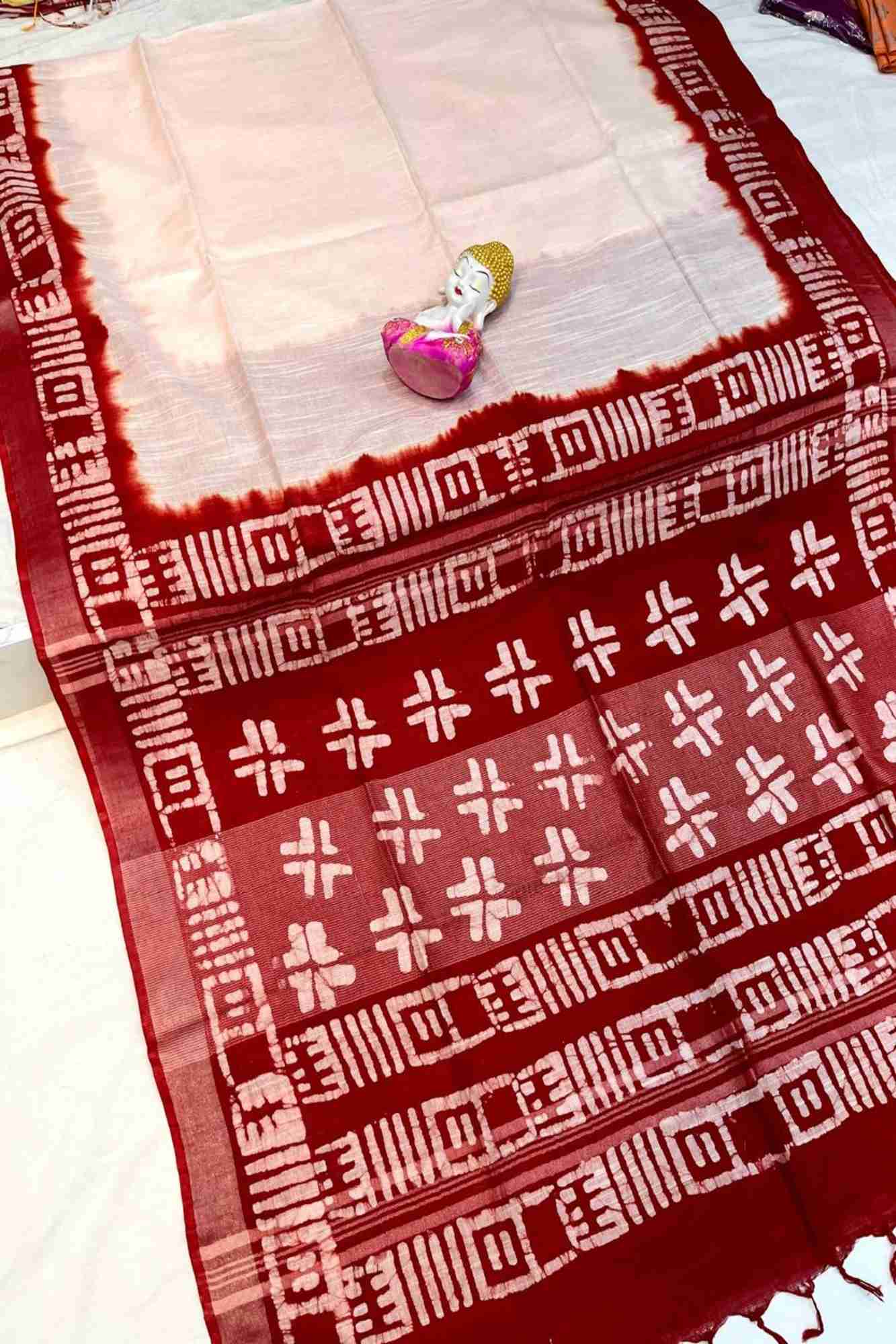 Linen Cotton with White & Red Wax Batik Printed Ready To Wear Saree