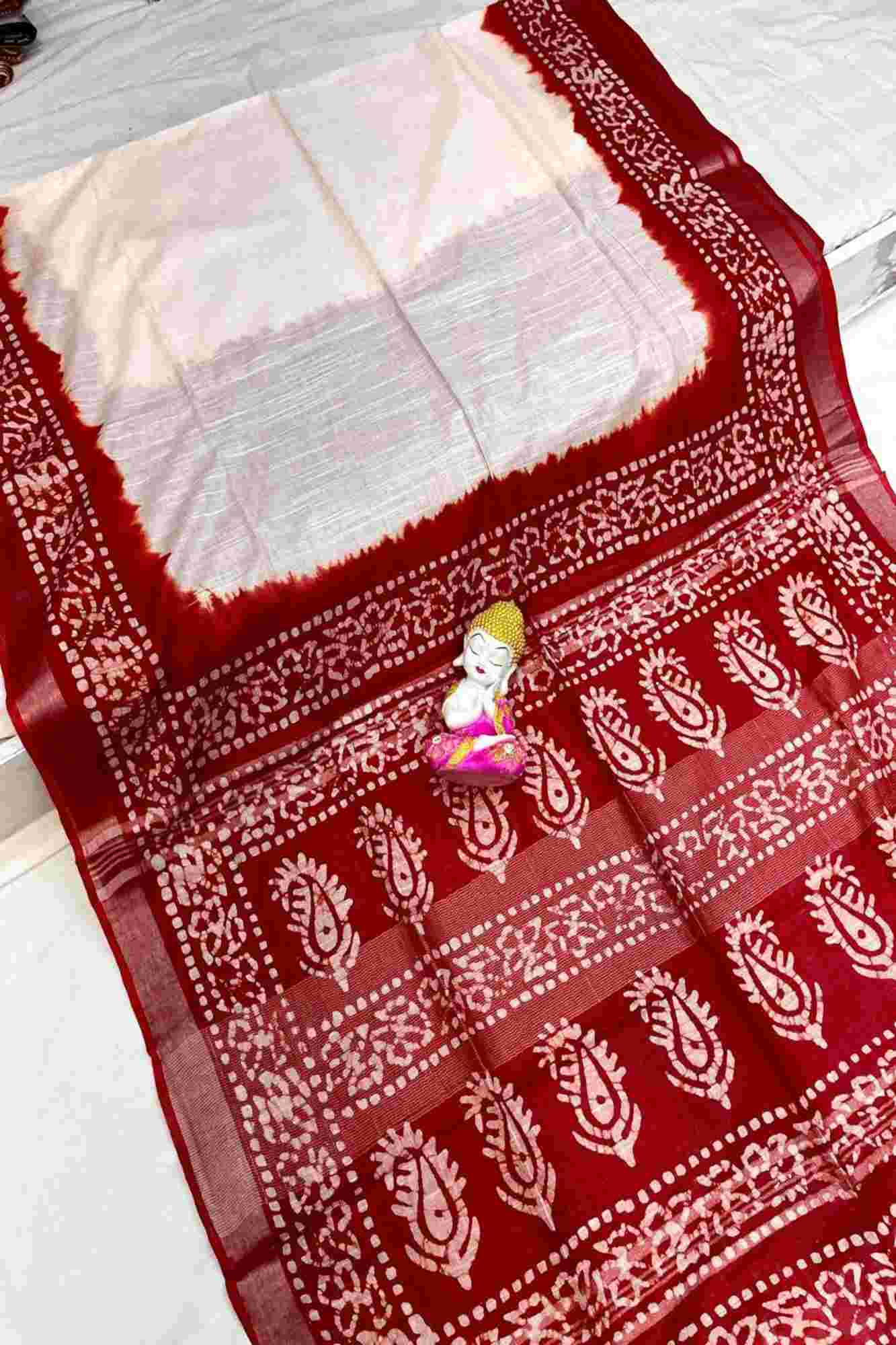 Elegant Red & White Contrast Pallu Linen Cotton with hand wax batik Ready to Wear Saree