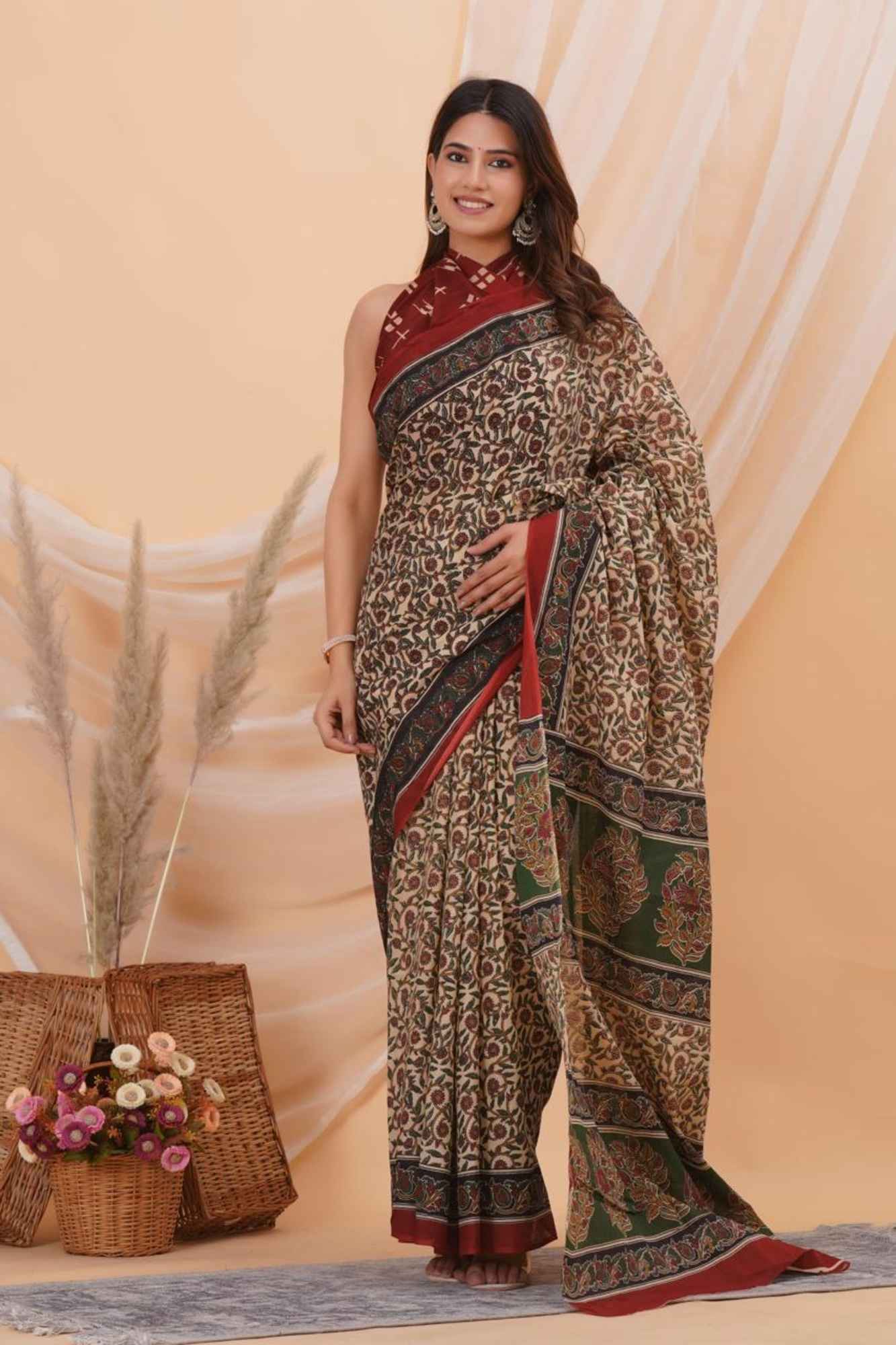 Mulmul Cotton with Green Contrast Pallu Ready to wear Saree