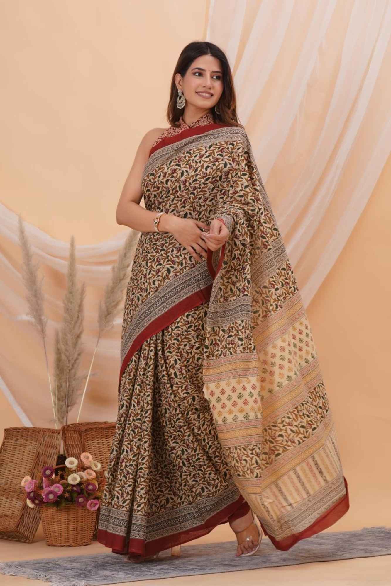 Handblock Print Mulmul Cotton with Rich Pallu Ready to wear Saree