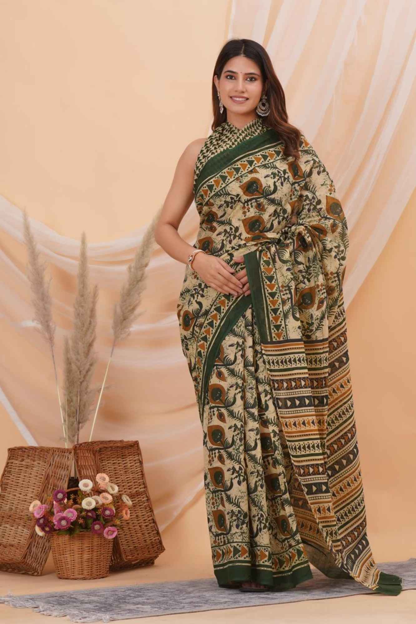 Mulmul Cotton with Peacock Feather Print Ready to wear Saree
