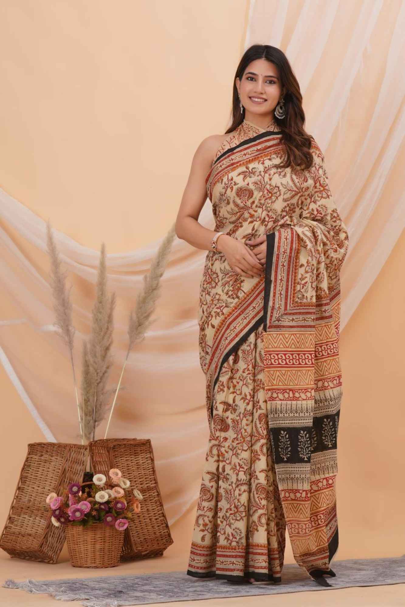 Handblock Printed Vegetable Dye Mulmul Cotton Ready to wear Saree