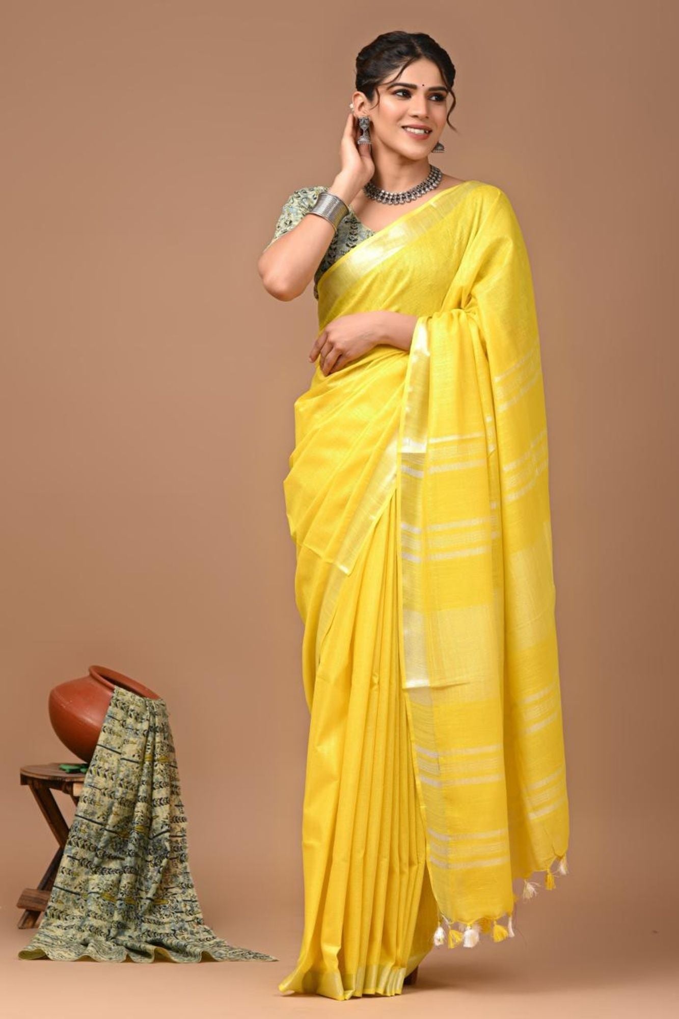 Yellow Linen Cotton with Handloom Weave Ready to Wear Saree