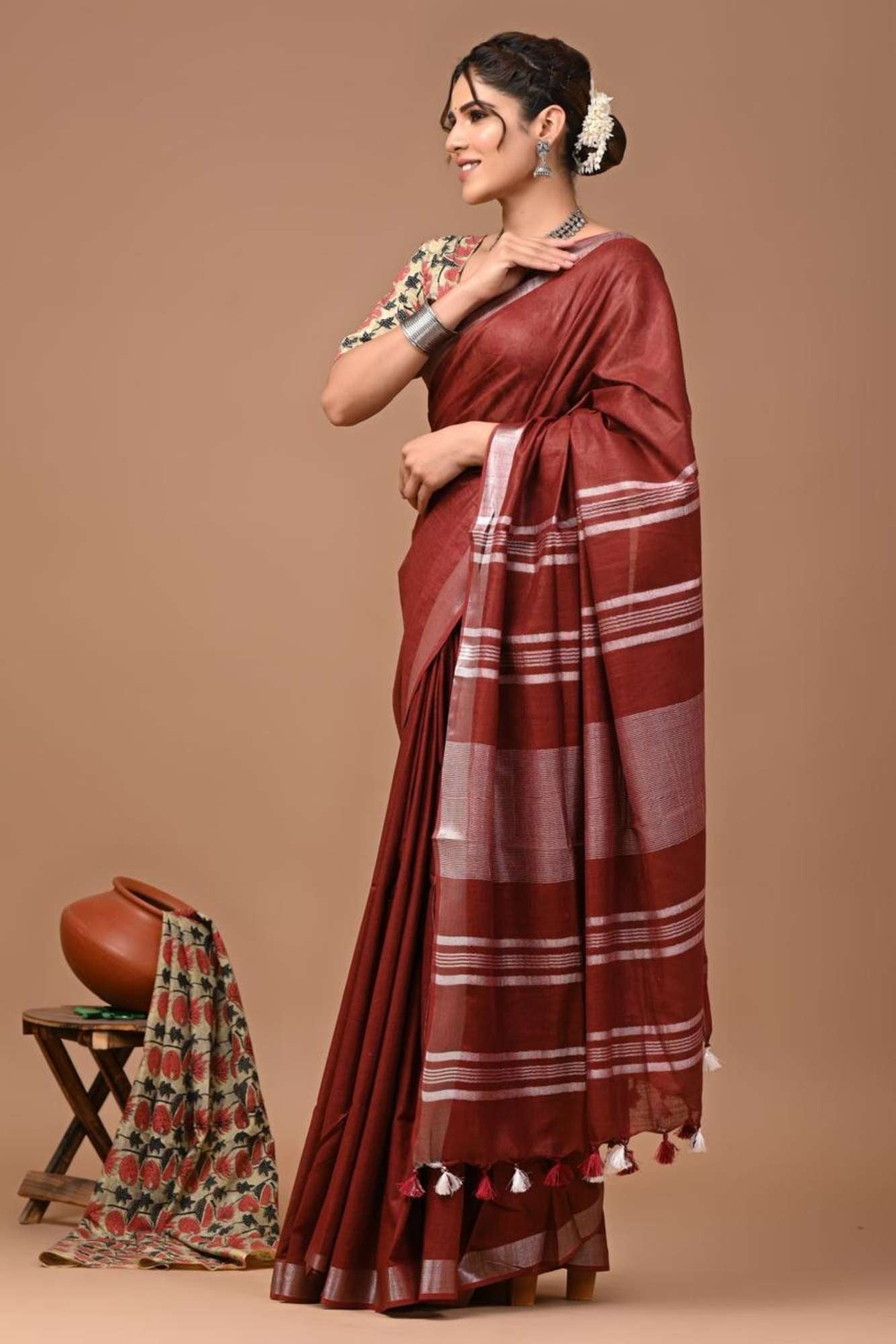 Gorgeous Maroon Linen Cotton Ready to Wear Saree