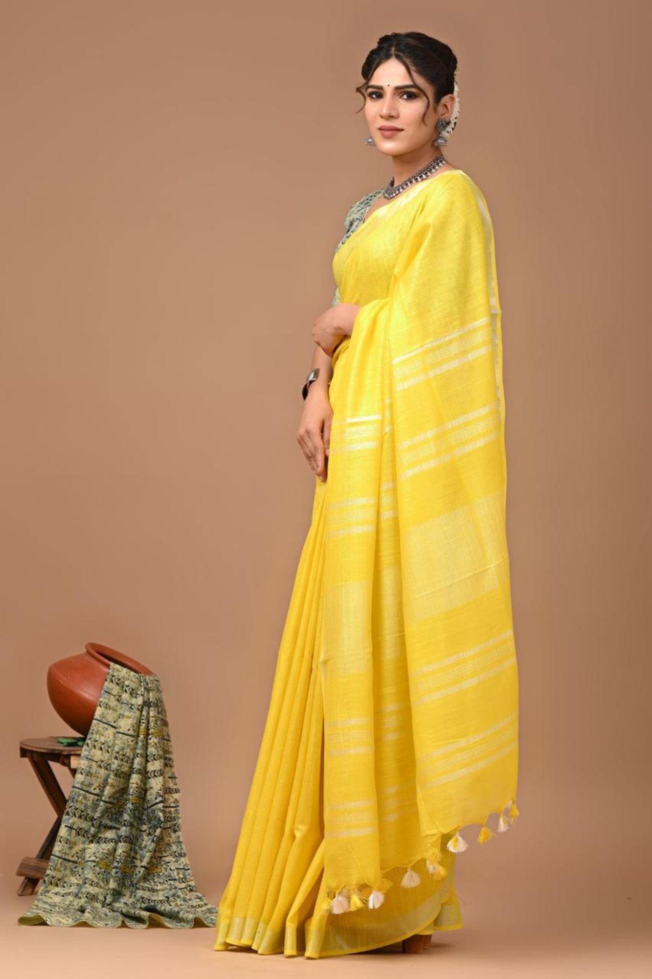 Yellow Linen Cotton with Handloom Weave Ready to Wear Saree