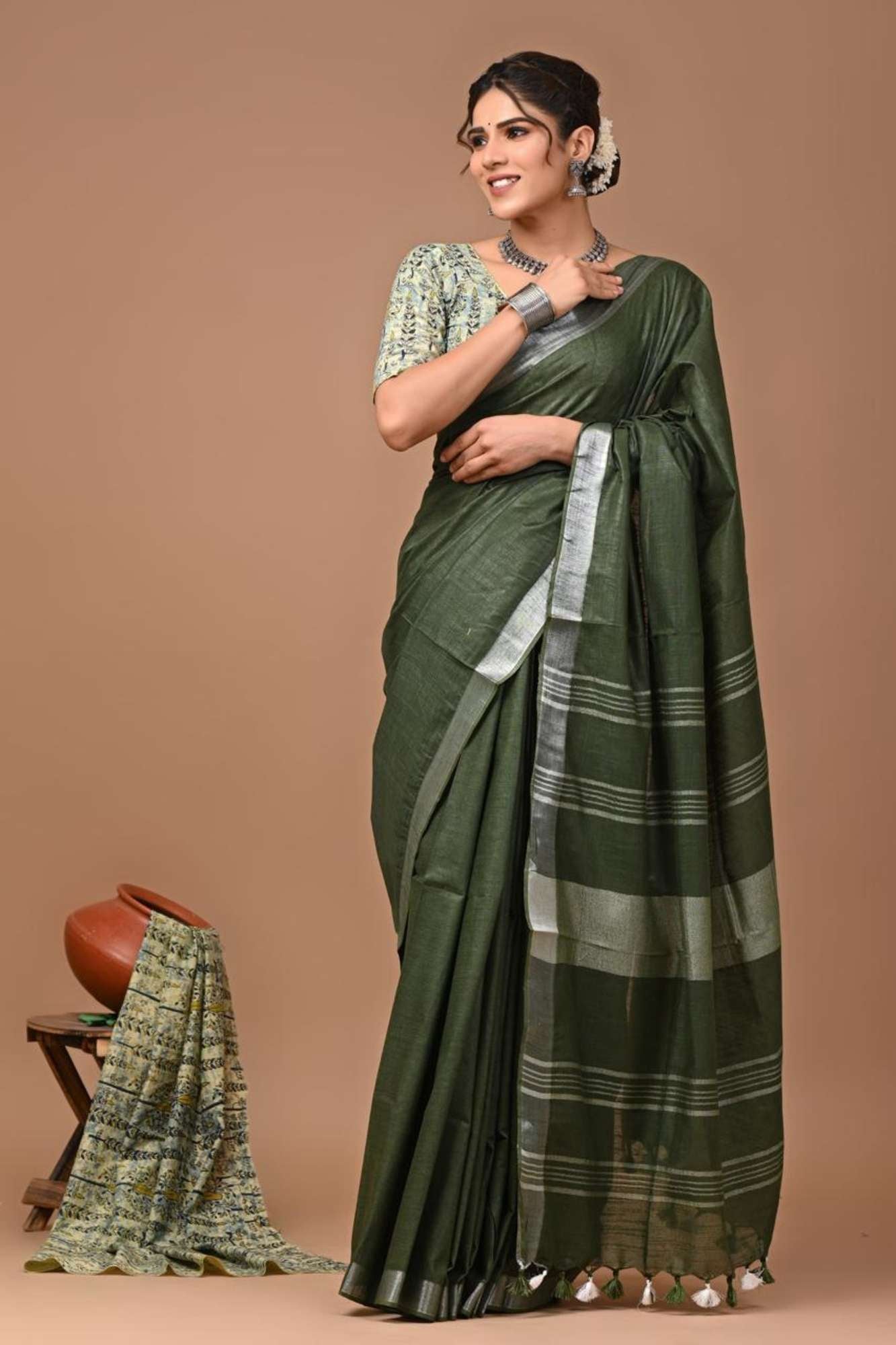 Traditional Handloom Weaving Linen Cotton Ready to wear Saree