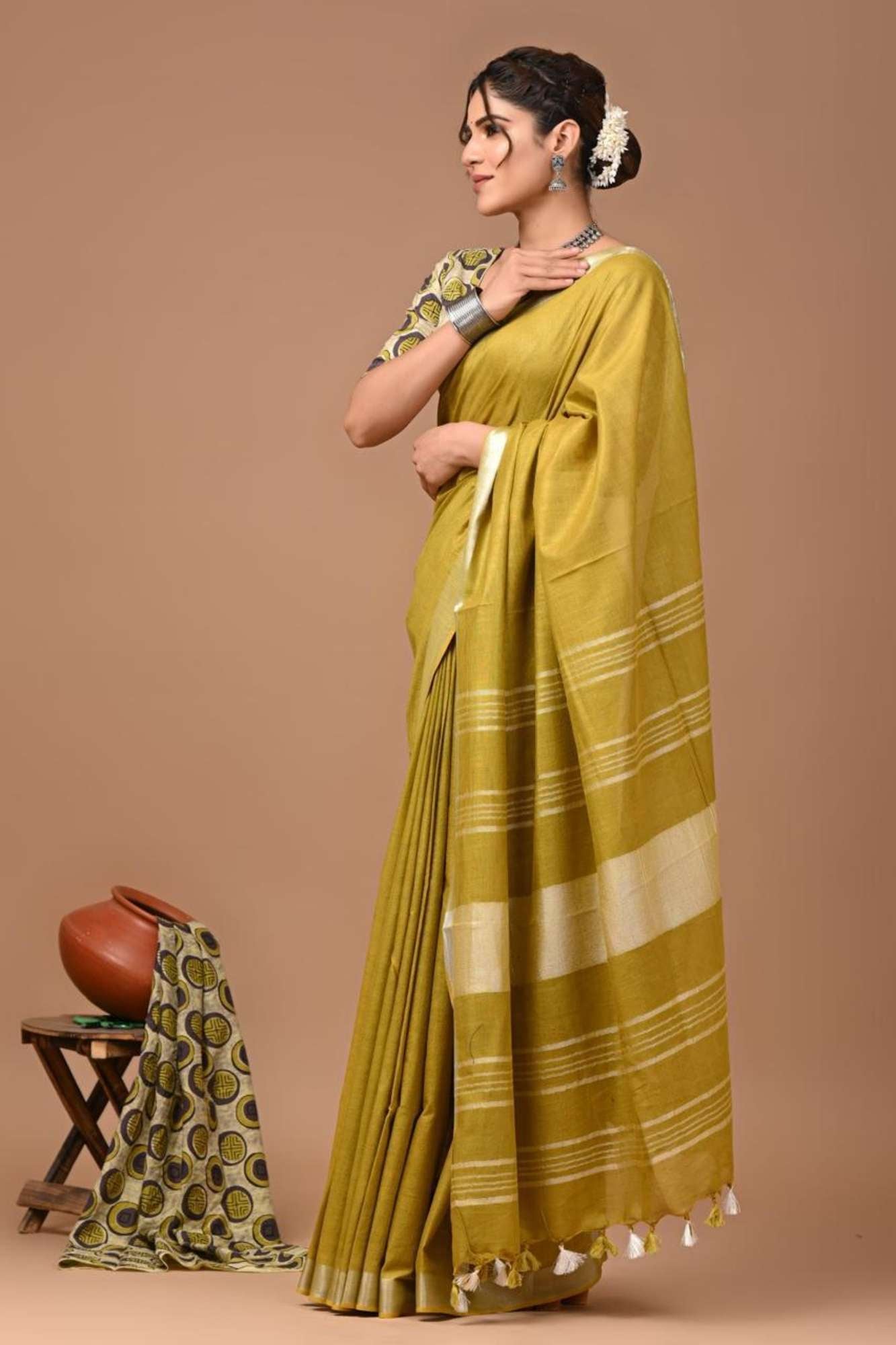 Traditional Handloom Weaving Linen Cotton with Elegant Rich Pallu handloom Ready to Wear Saree
