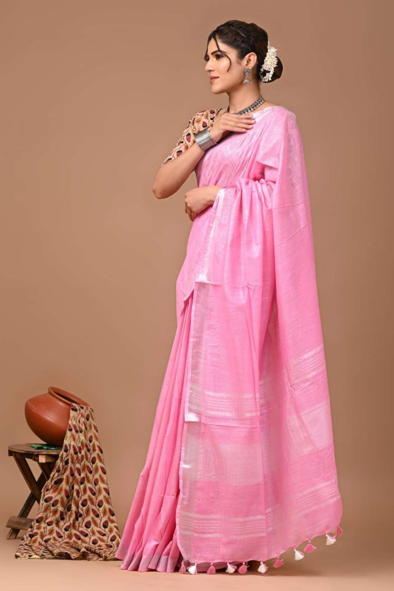 Linen Cotton with Handloom Weave & Tassels on Pallu Ready to wear Saree