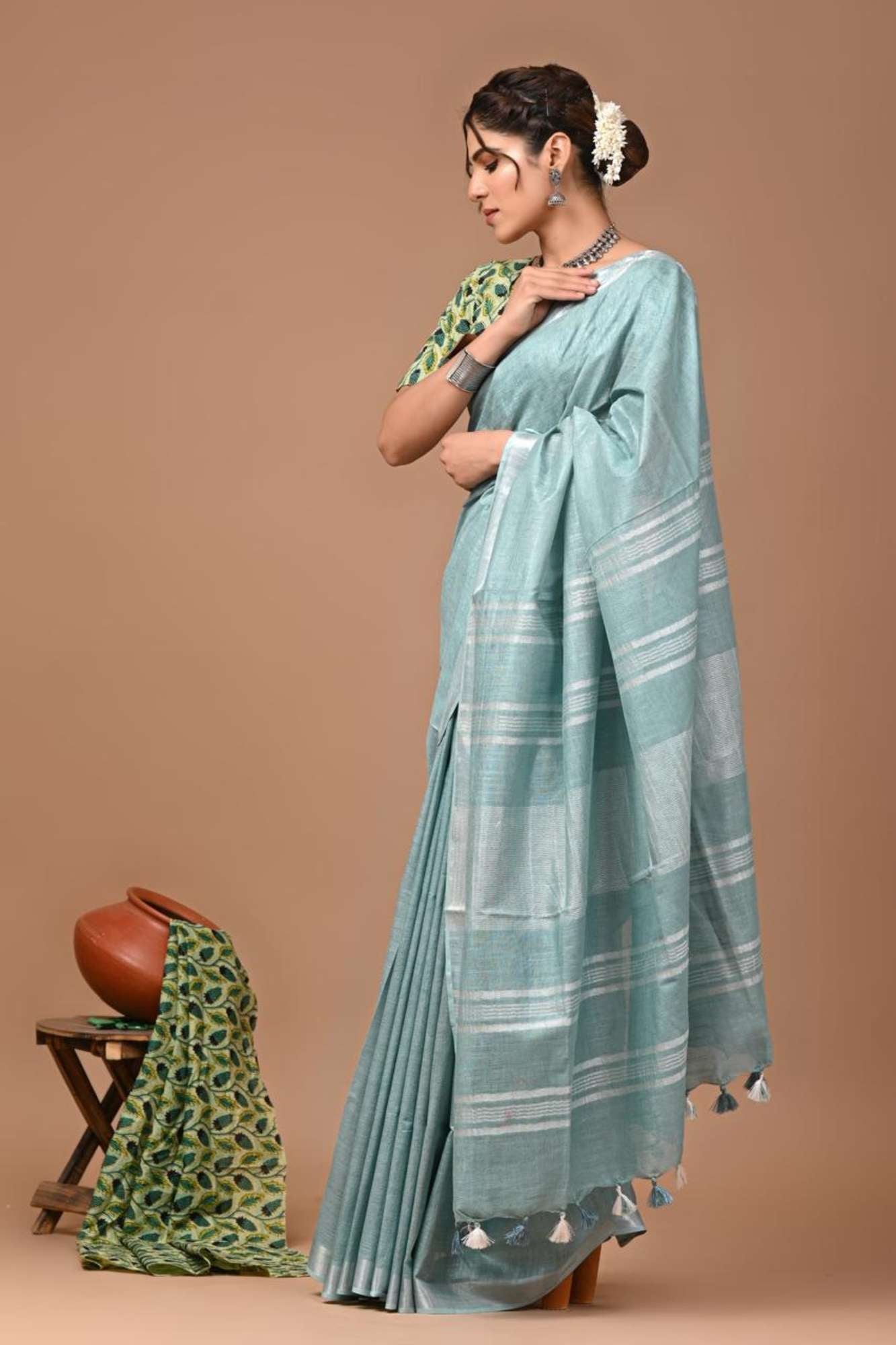 Blue Linen Cotton with Beautiful Handloom Woven Ready to wear saree