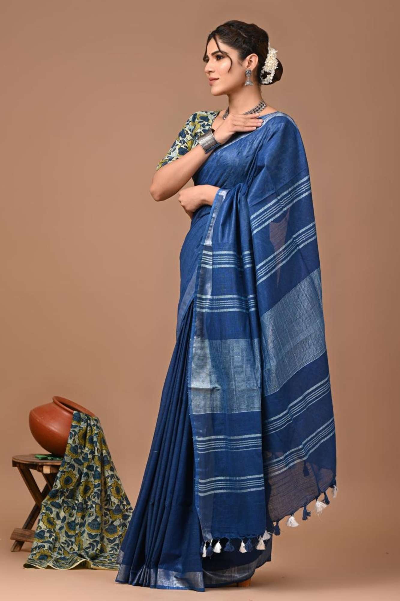 Traditional Handloom Weaving Linen Cotton with Rich Pallu Ready to Wear Saree
