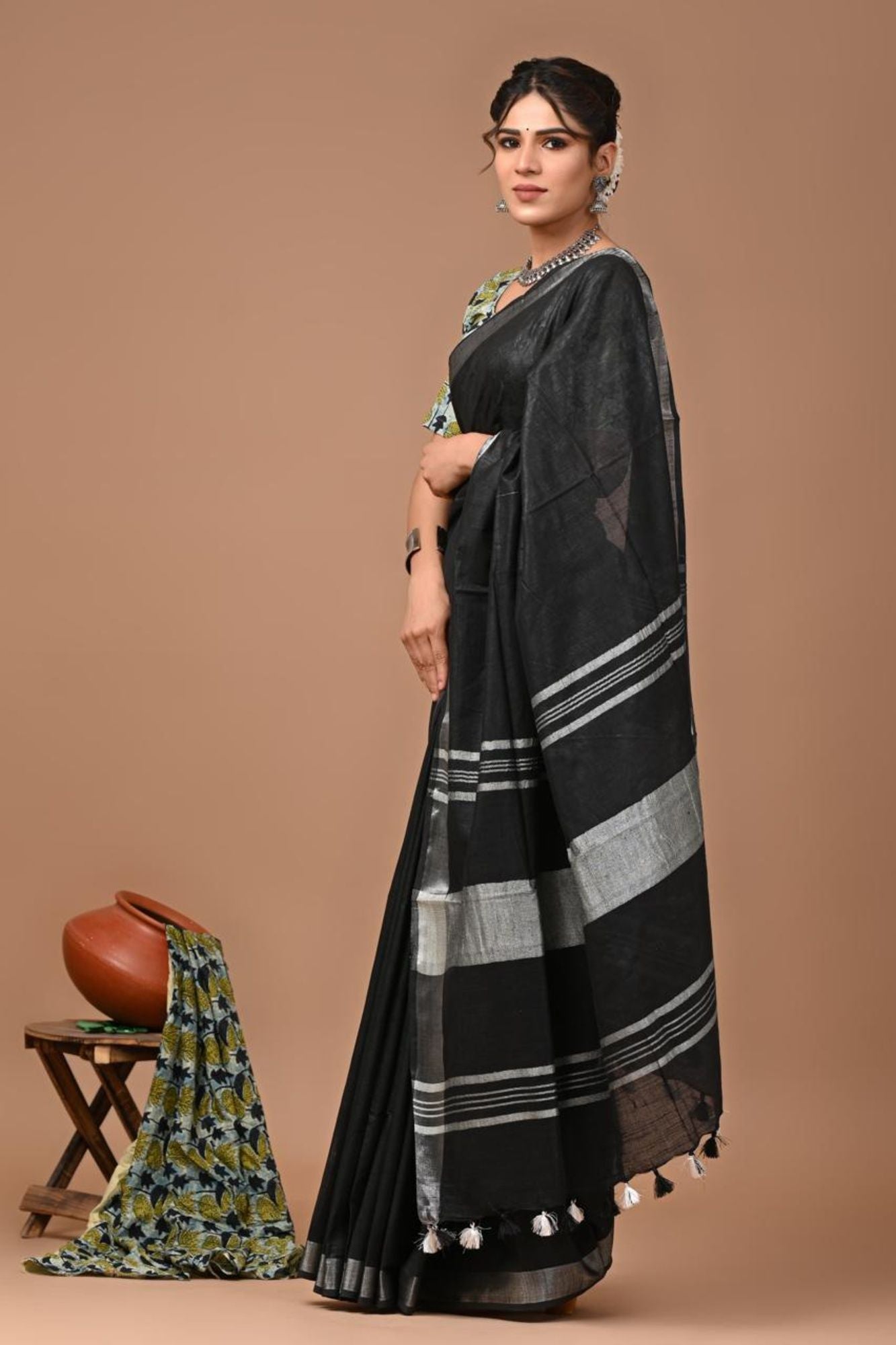 Gorgeous Black Linen Cotton Ready To Wear Saree
