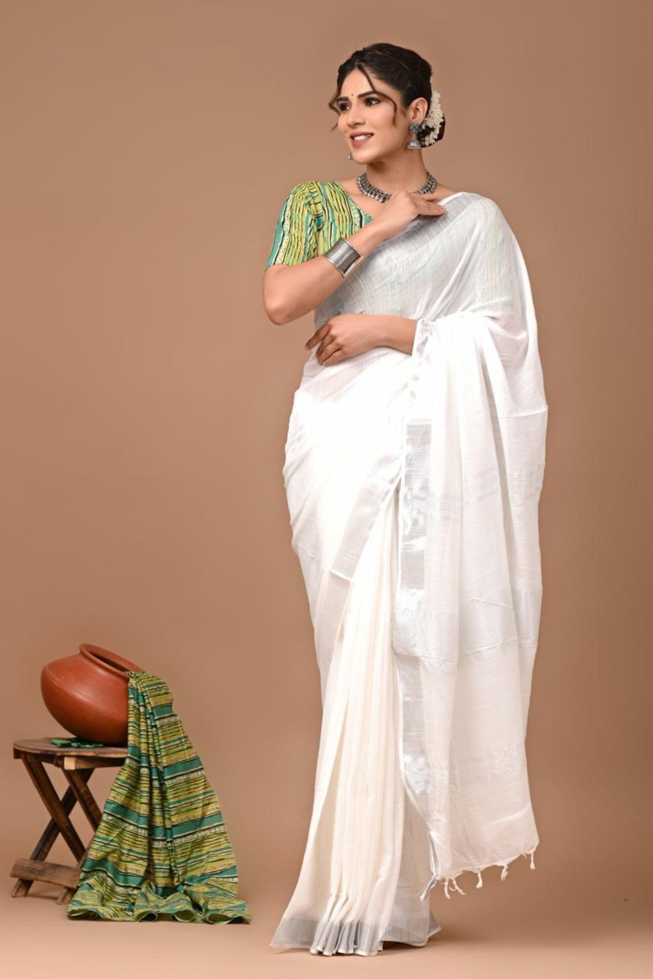 White Linen Cotton with Handloom weave Ready to wear Saree