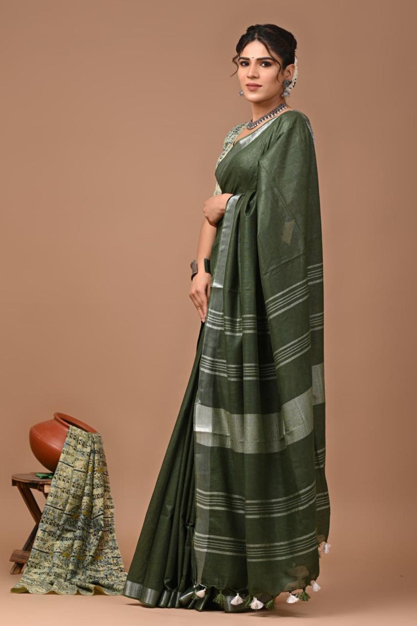 Traditional Handloom Weaving Linen Cotton Ready to wear Saree