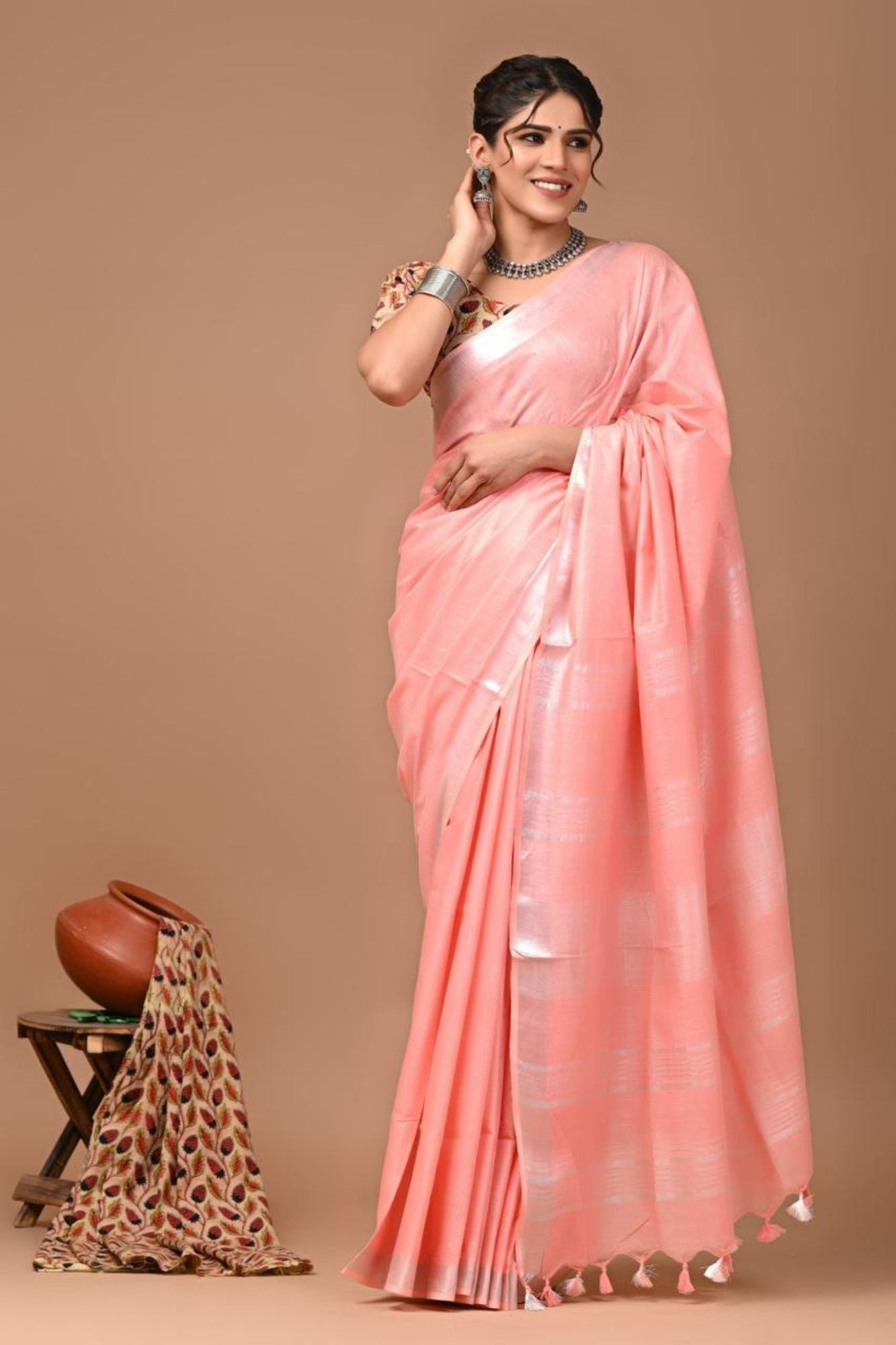 Beautiful Linen Cotton with Zari Weave Ready to wear Saree