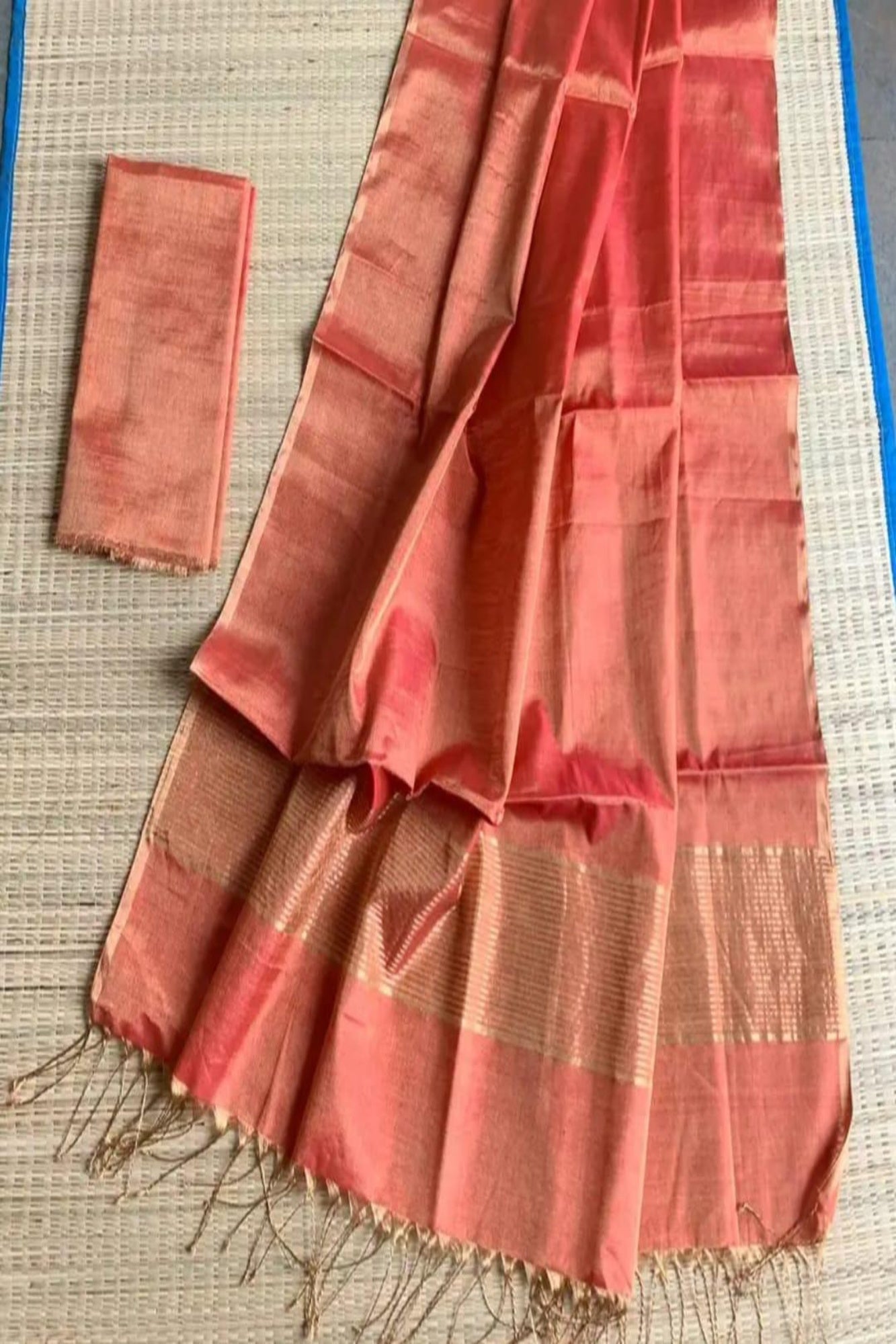 Tissue Linen Peach-Orange Mangalagiri with Zari Stripes Ready To Wear Saree