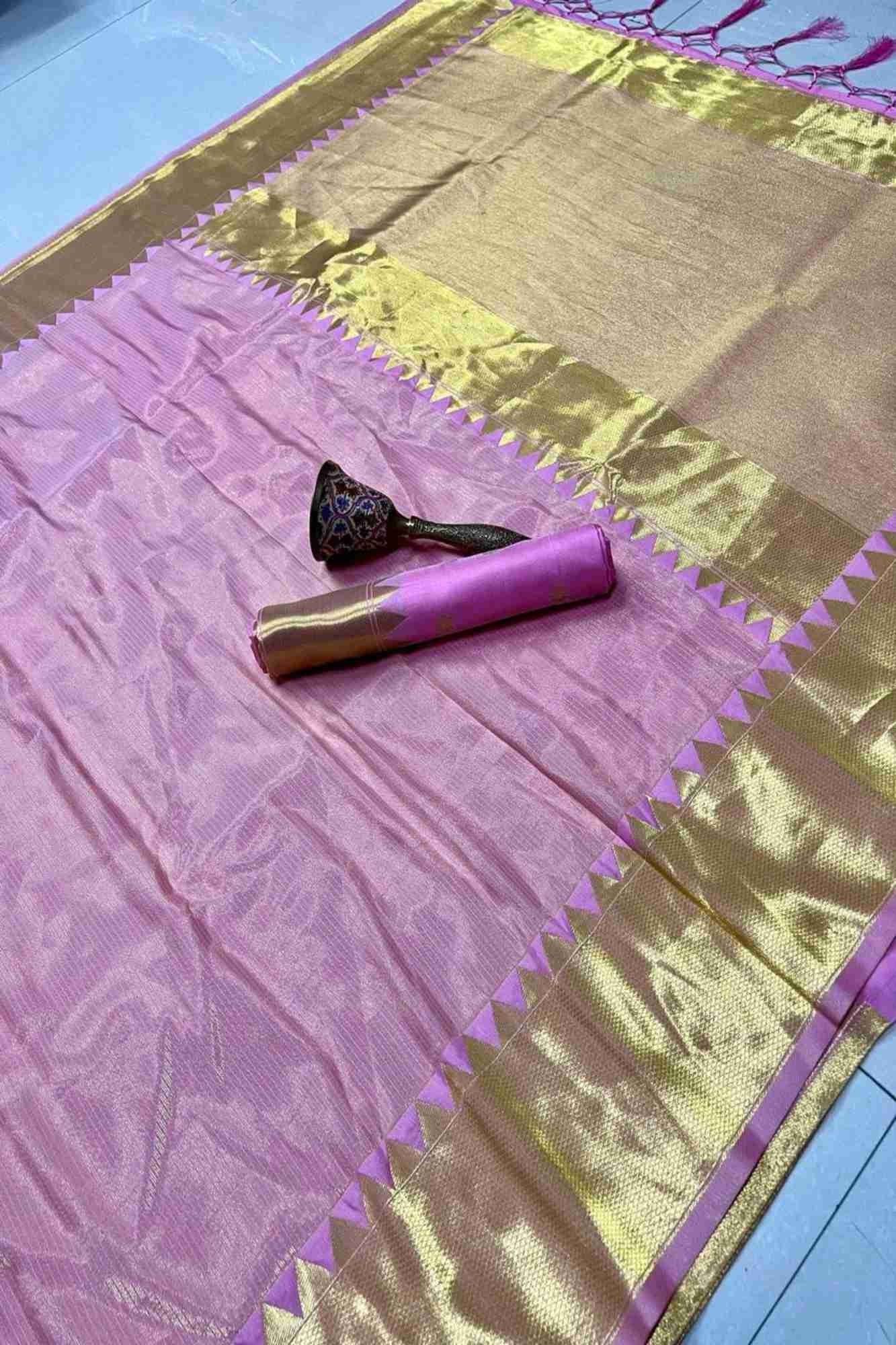 Tissue Silk in Pink & Gold with Intricate Zari Work Ready To Wear Saree