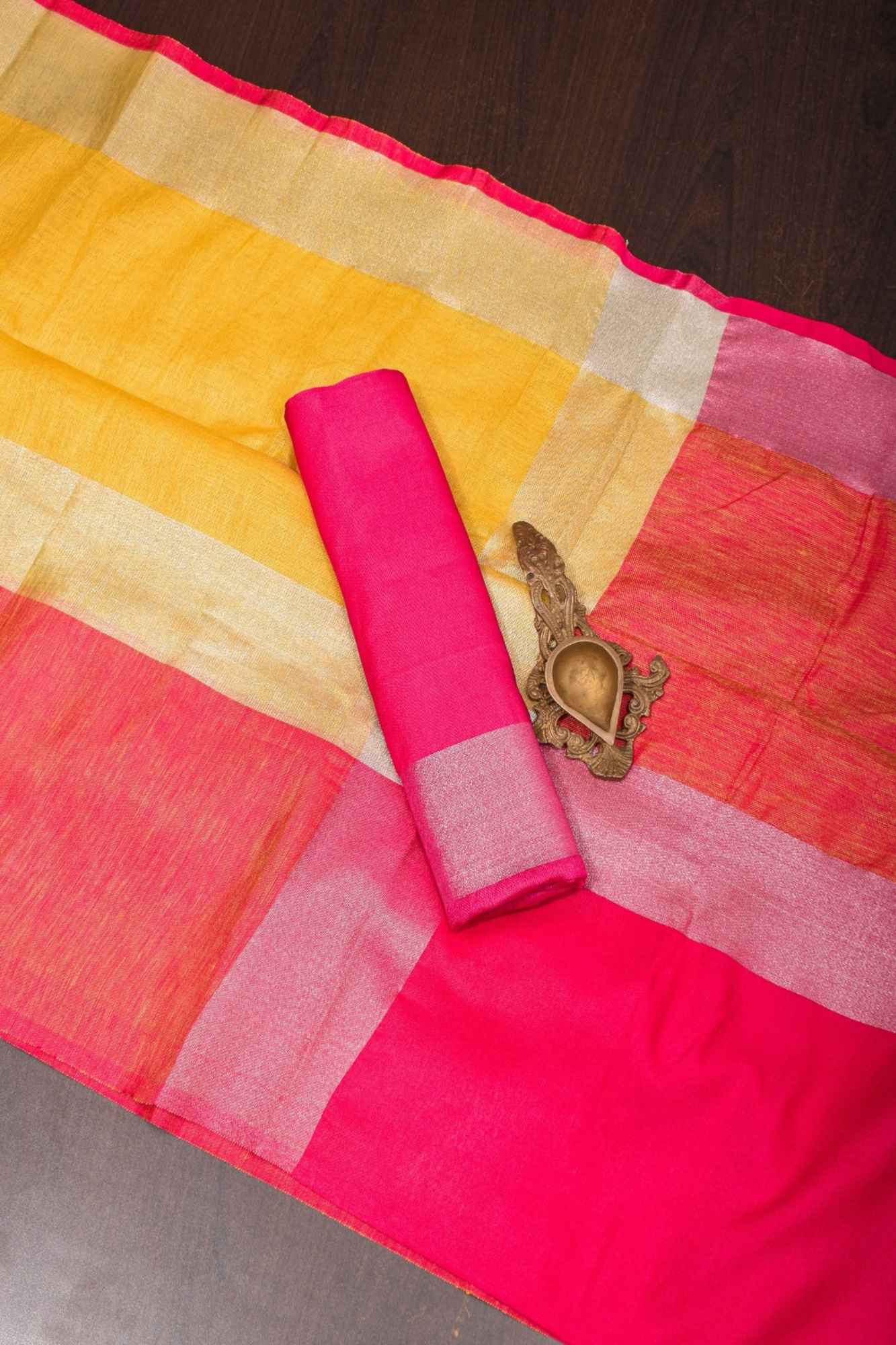 Yellow and Bright Pink Wide Border Linen by Linen Ready to wear Saree