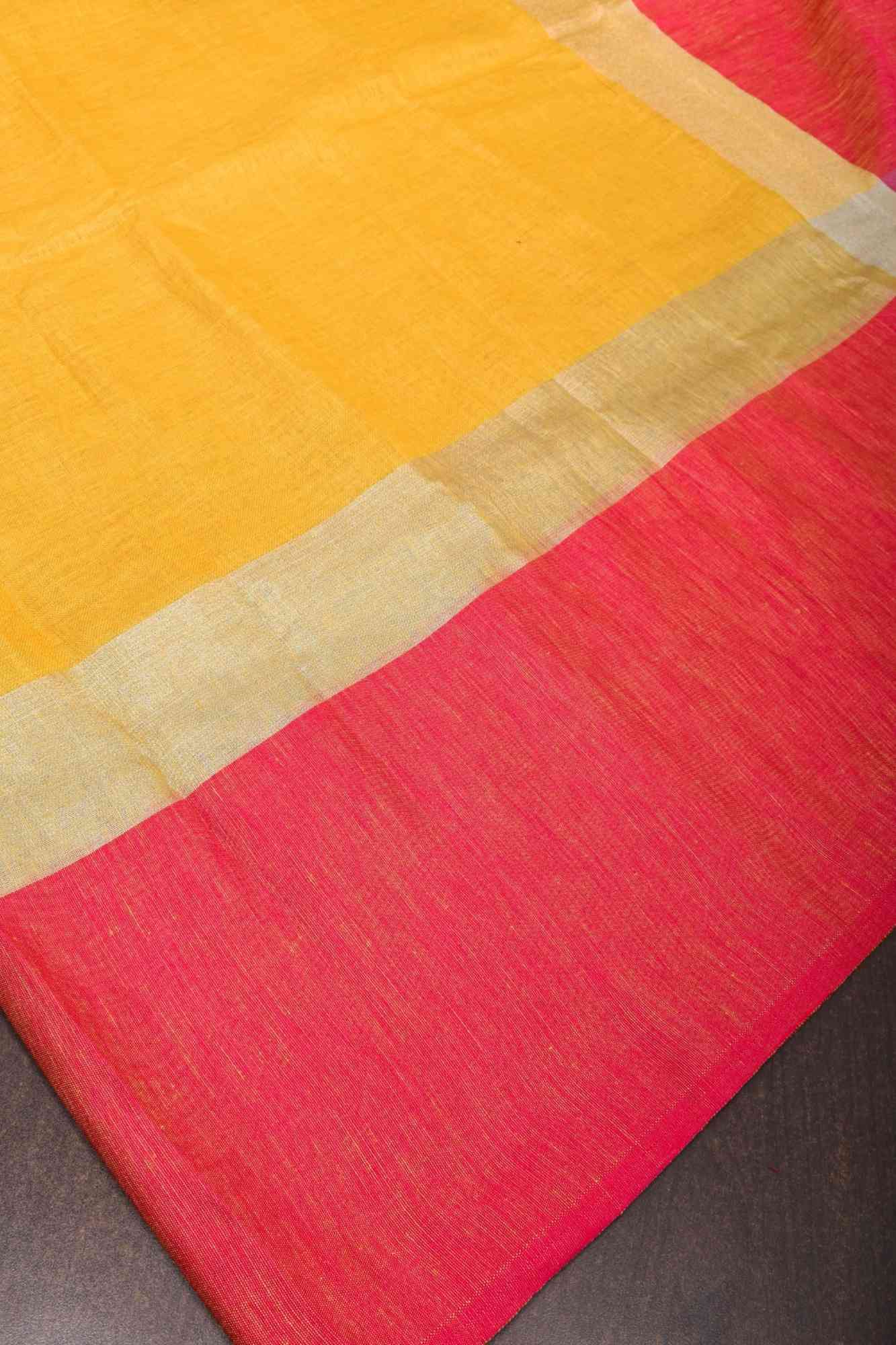 Yellow and Bright Pink Wide Border Linen by Linen Ready to wear Saree