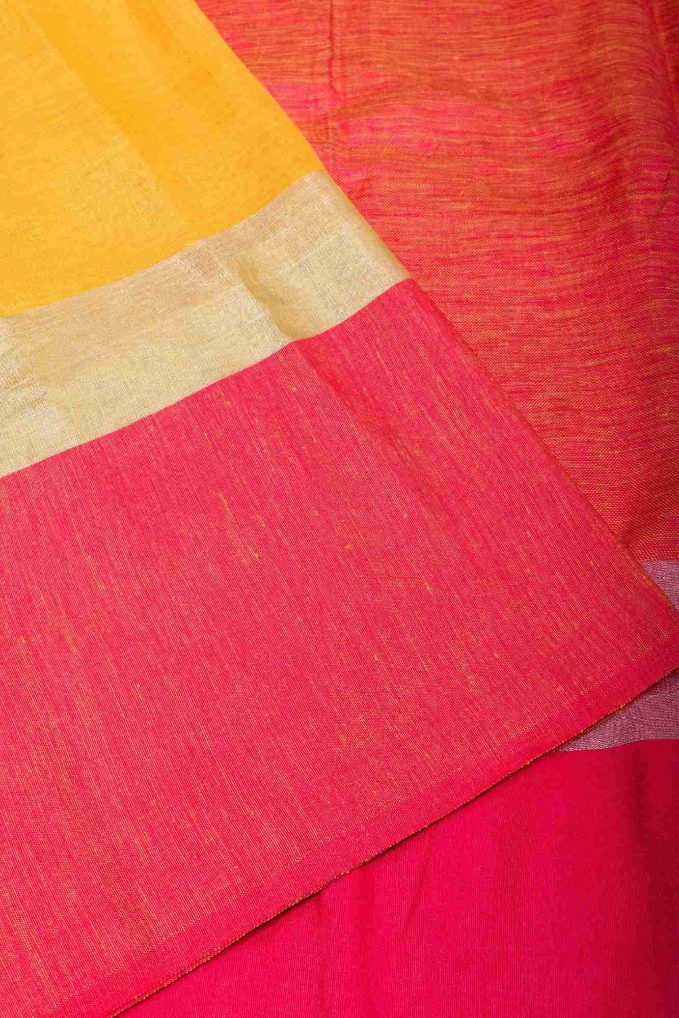 Yellow and Bright Pink Wide Border Linen by Linen Ready to wear Saree