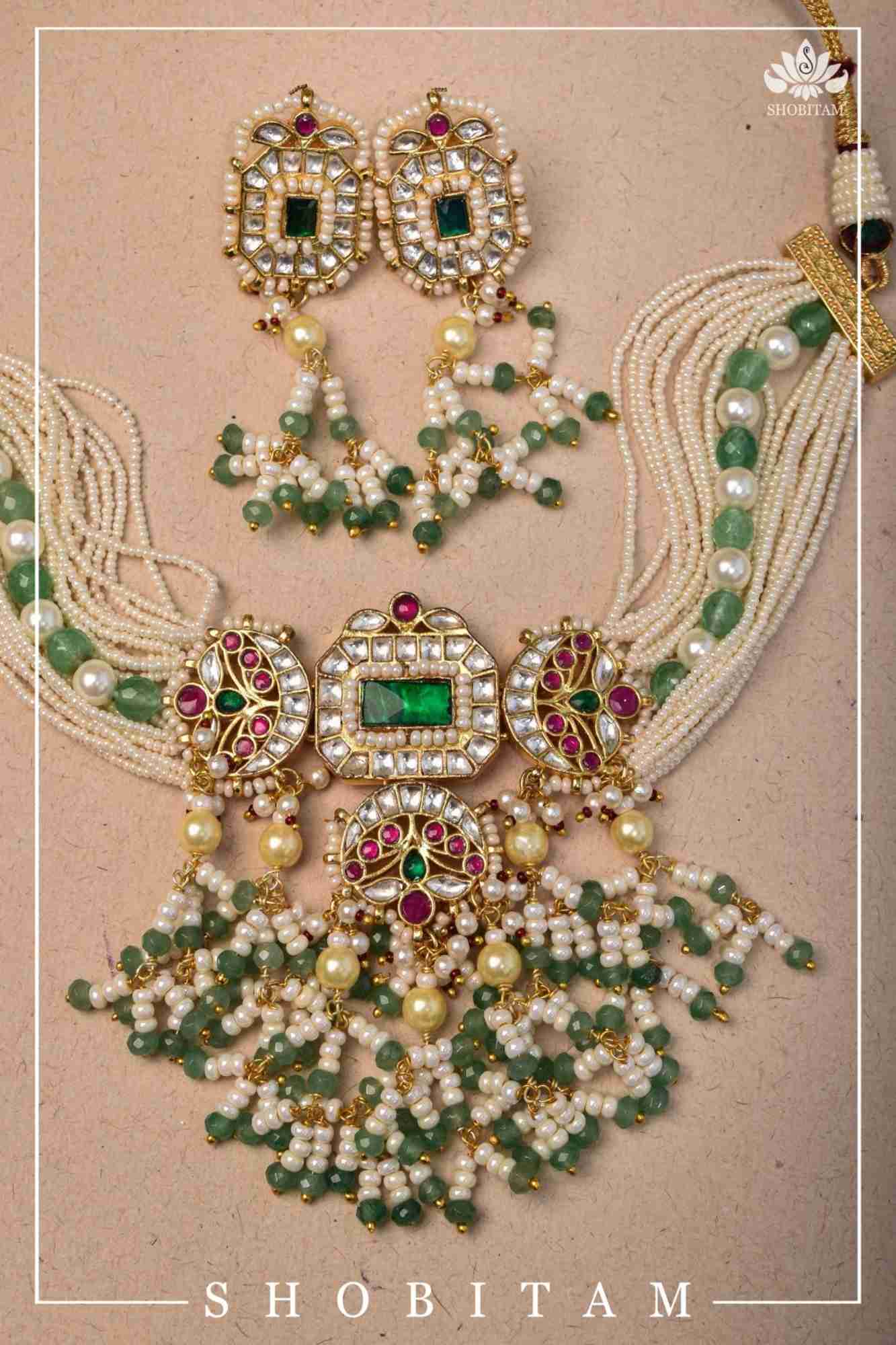 Kundan Multistrand necklace set with dangling beads