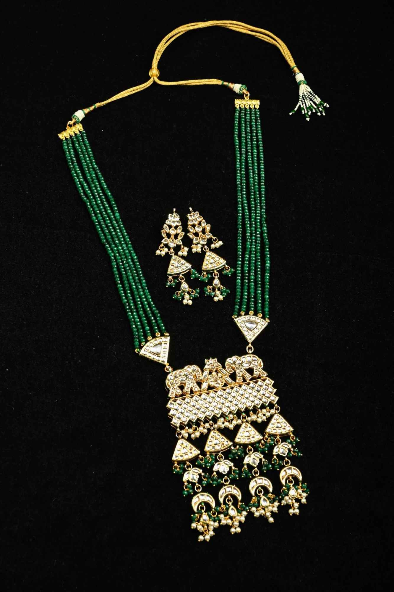 Green Multistrand Necklace Set with Elephant Designer Kundan Statement Pendant