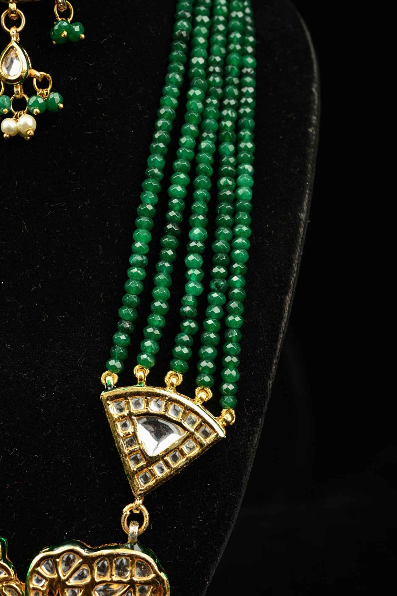 Green Multistrand Necklace Set with Elephant Designer Kundan Statement Pendant