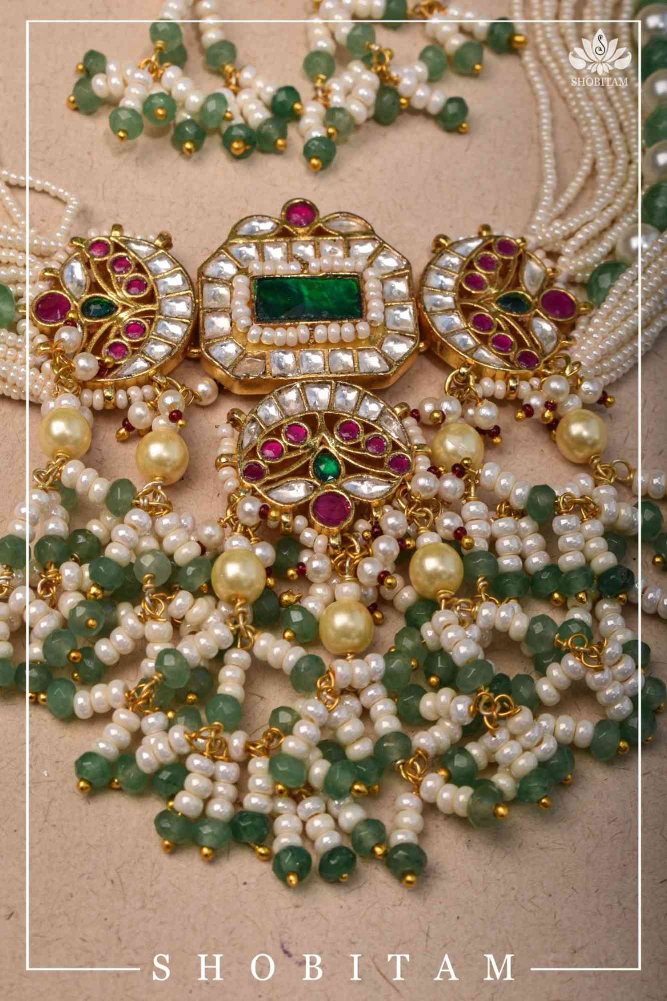 Kundan Multistrand necklace set with dangling beads