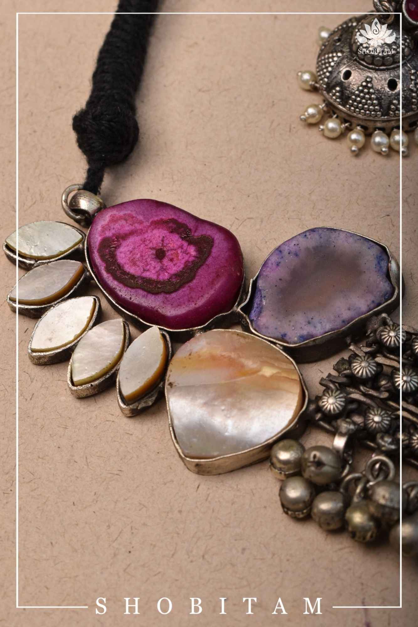 Asymmetric Agate Stone Encrusted Oxidized Necklace set with Black thread dori