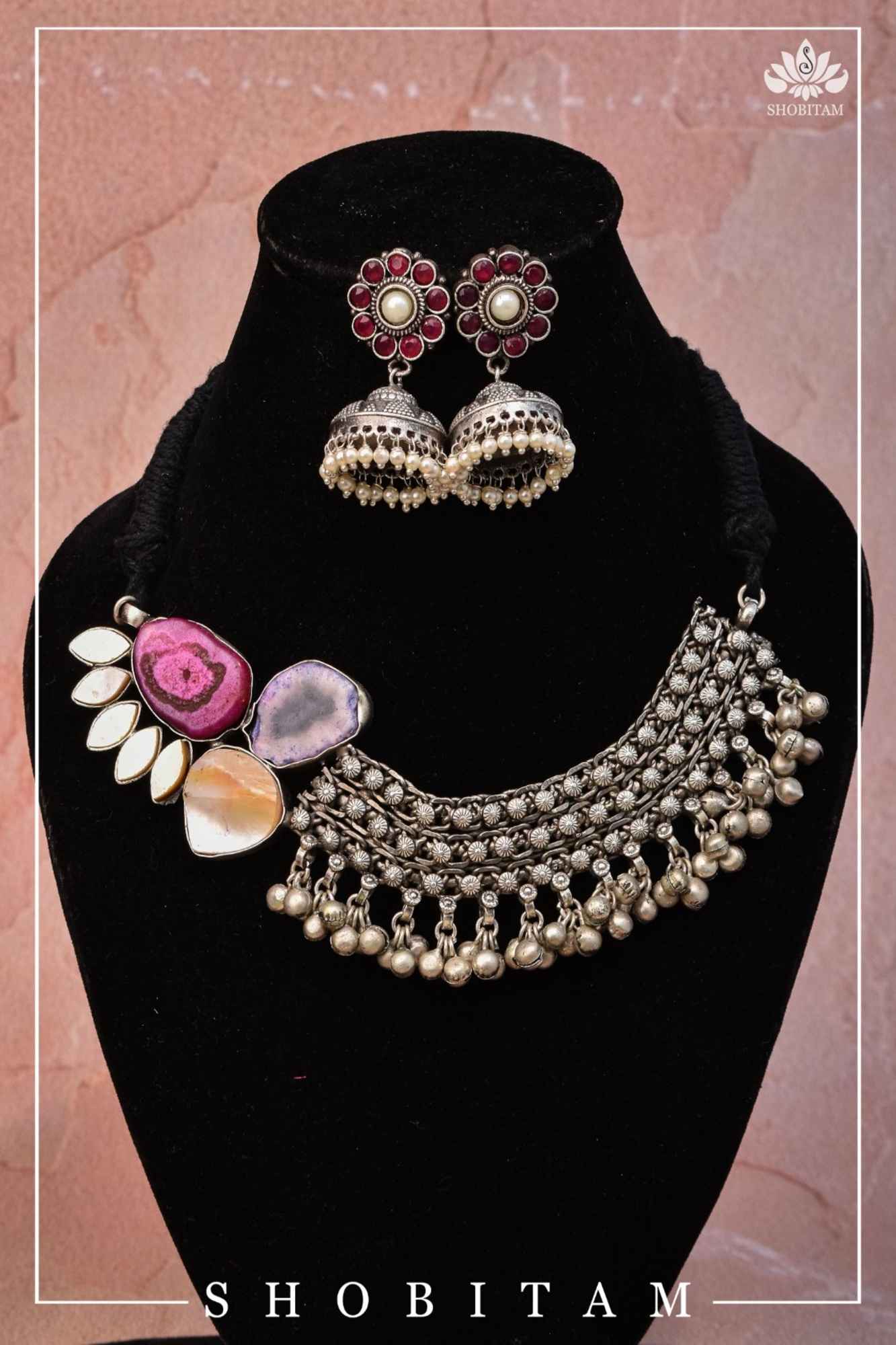 Asymmetric Agate Stone Encrusted Oxidized Necklace set with Black thread dori