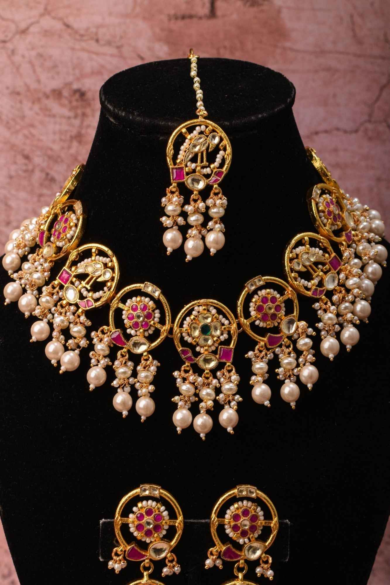 Plenty Pearly Exquisite floral design and Peacock Jadau necklace Set with Dangling Pearls | Shobitam Jewelry
