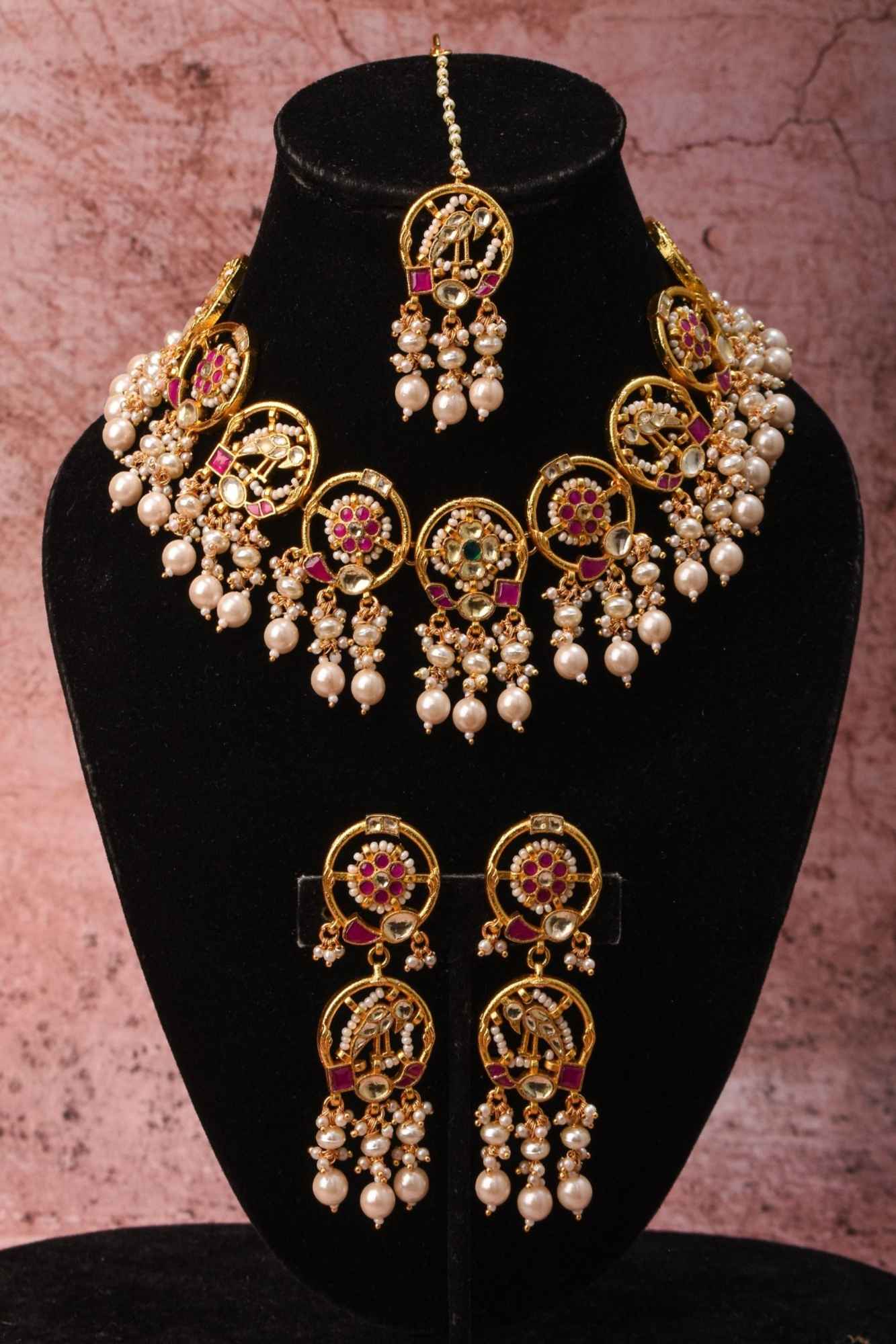 Plenty Pearly Exquisite floral design and Peacock Jadau necklace Set with Dangling Pearls | Shobitam Jewelry