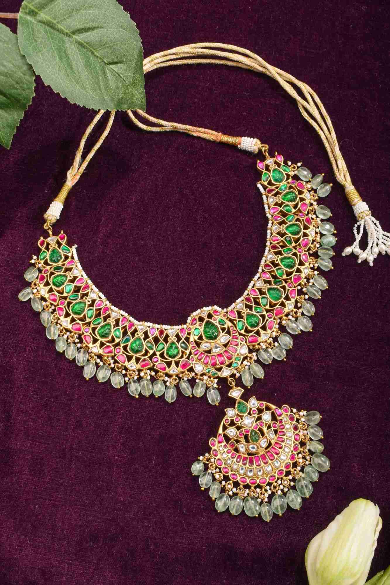 Exquisite Jadau Necklace with central pendant and sage dangling stones