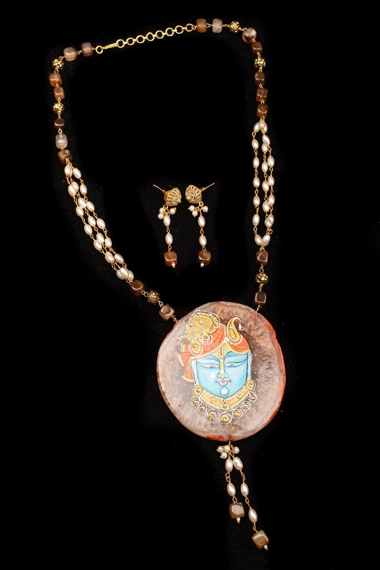 Krishna Face handpainted on Agate Stone Necklace Set