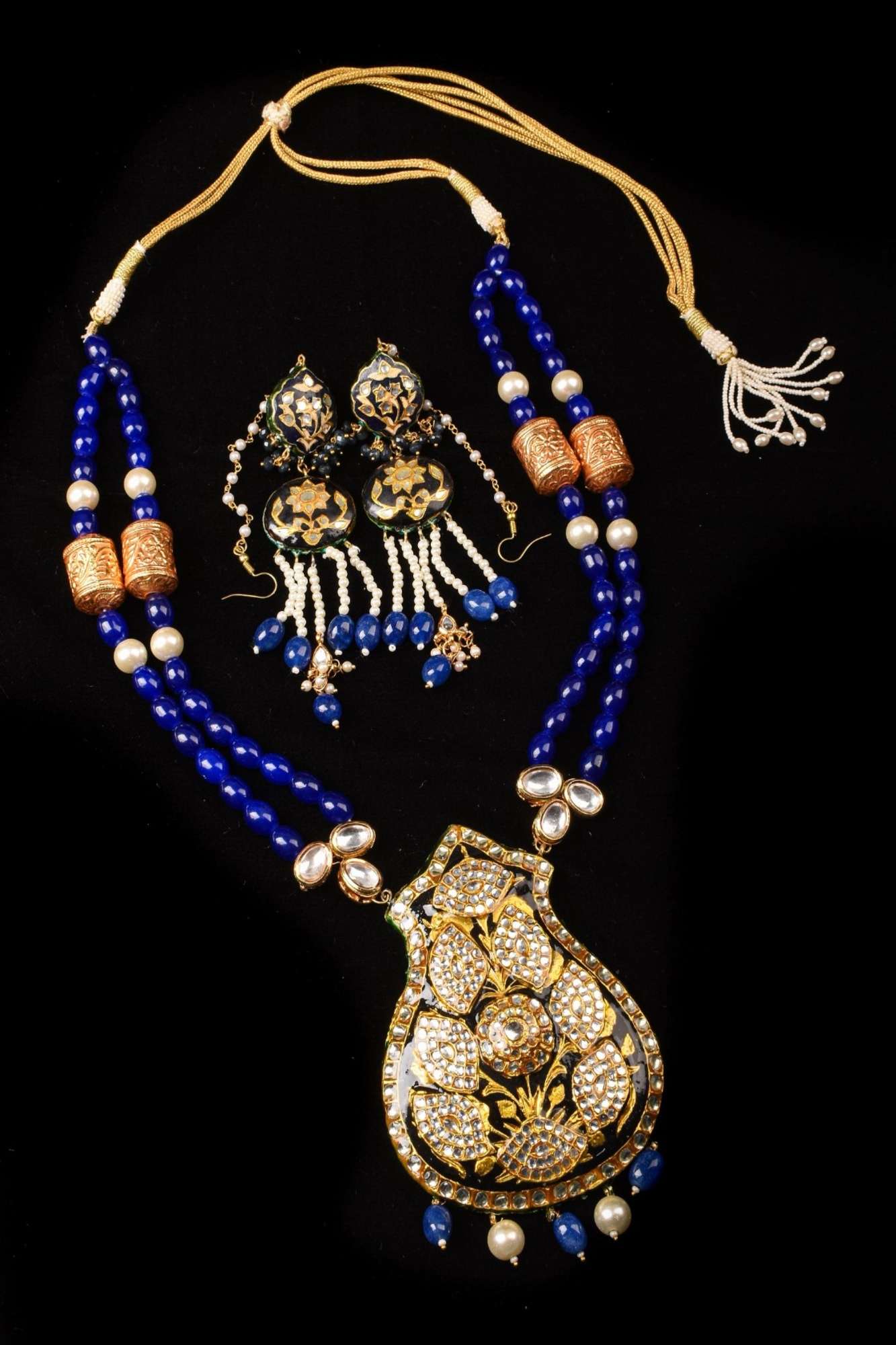 Blue Double Strand Necklace Set with Large Pendant